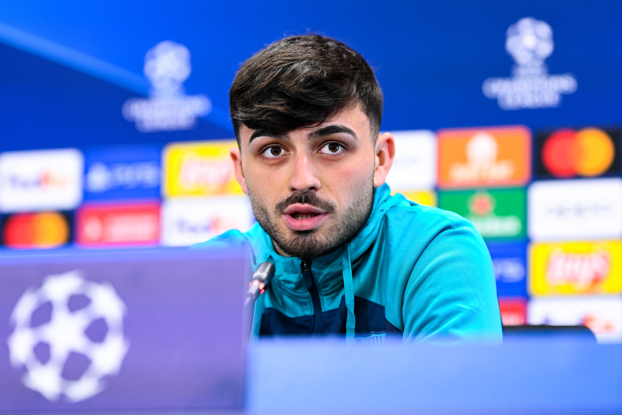SANT JOAN DESPI, SPAIN - APRIL 15: Pedri of FC Barcelona faces the media during a press conference ahead of their UEFA Champions league Quarter Final 2nd leg match against Paris Saint Germain at Ciutat Esportiva Joan Gamper on April 15, 2024 in Sant Joan Despi, Spain.