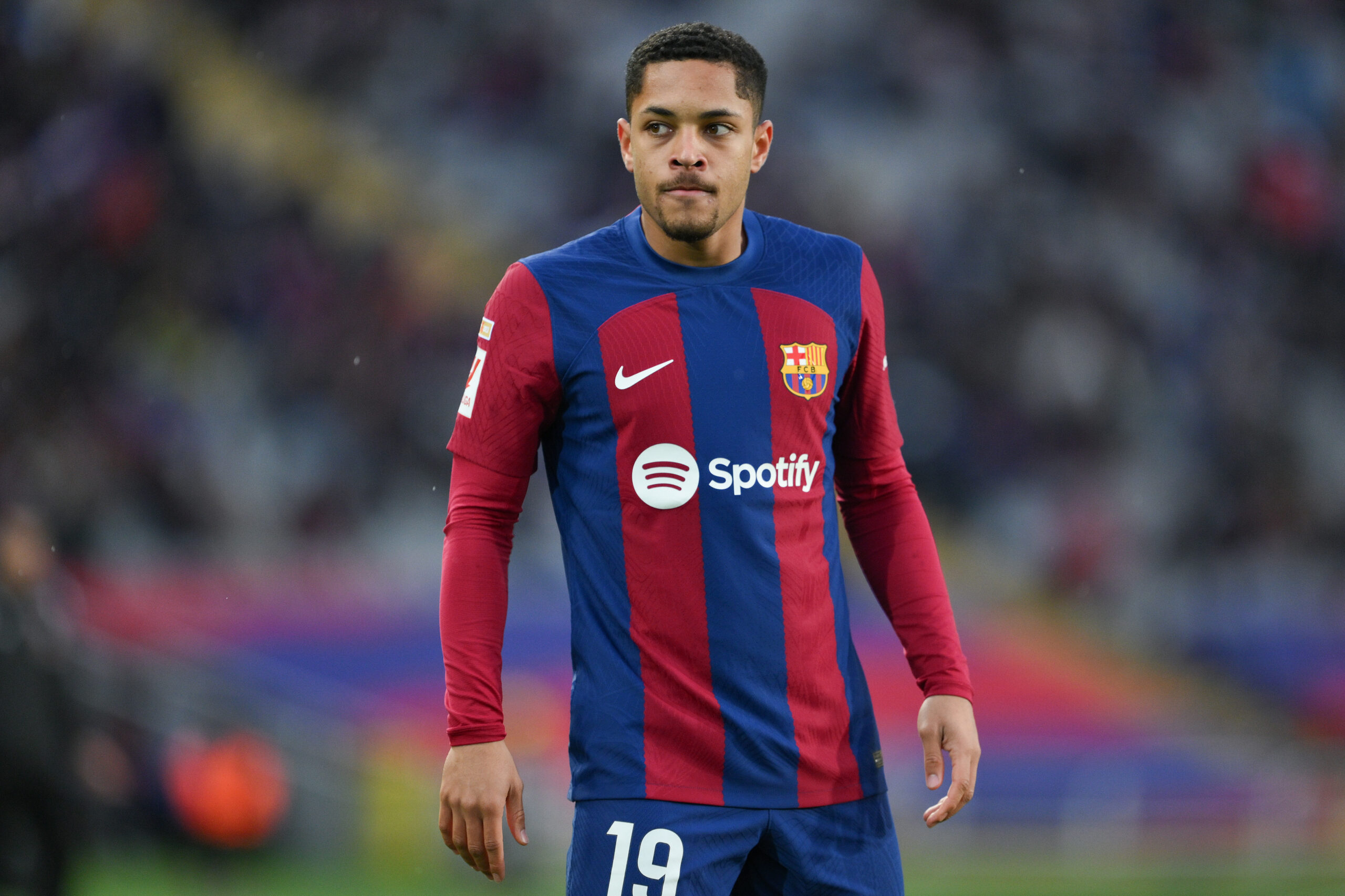 BARCELONA, SPAIN - FEBRUARY 24: Vitor Roque of FC Barcelona looks on during the LaLiga EA Sports match between FC Barcelona and Getafe CF at Estadi Olimpic Lluis Companys on February 24, 2024 in Barcelona, Spain.
