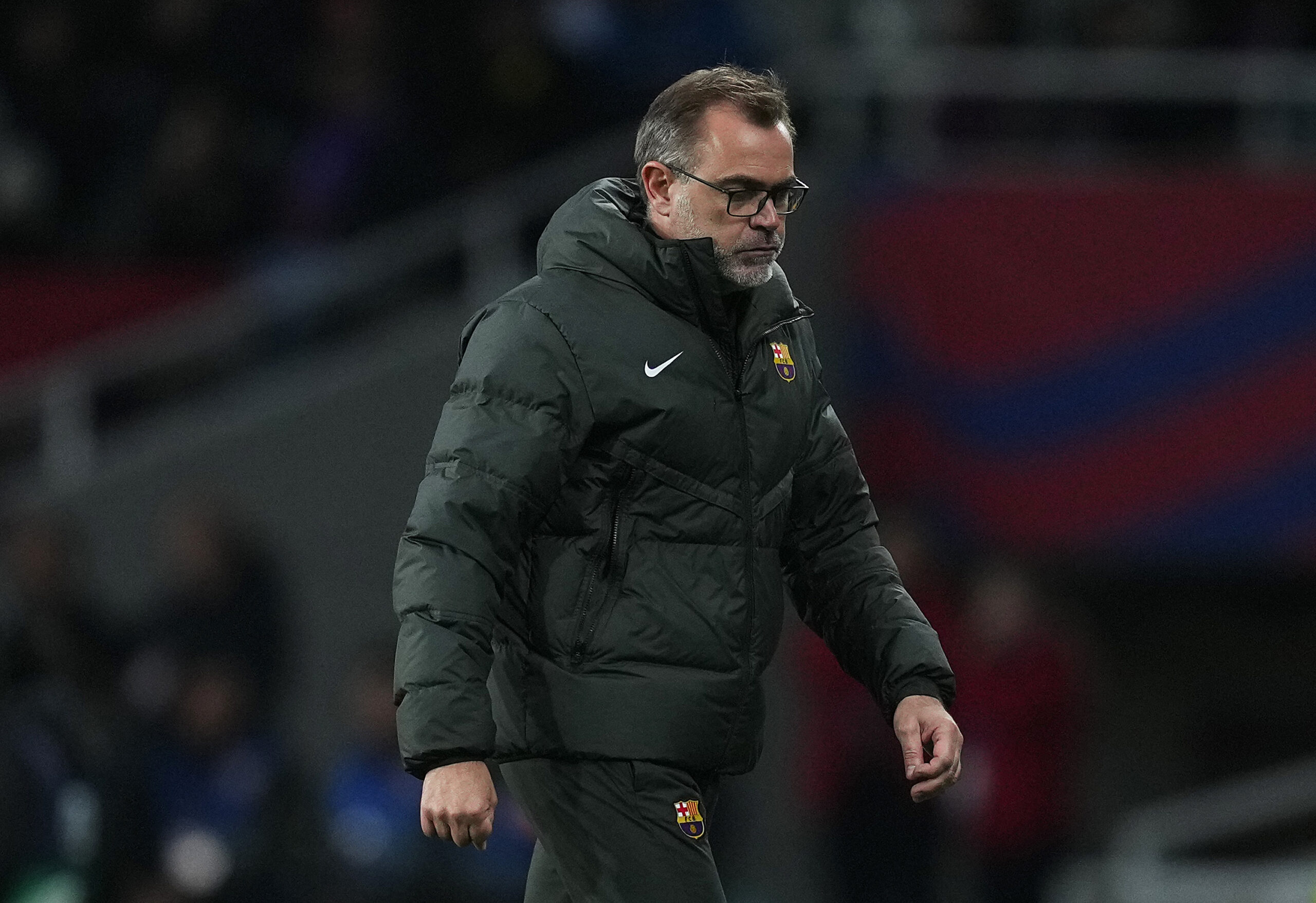 BARCELONA, SPAIN - MARCH 08: Oscar Hernandez, Interim Head Coach of FC Barcelona, looks on during the LaLiga EA Sports match between FC Barcelona and RCD Mallorca at Estadi Olimpic Lluis Companys on March 08, 2024 in Barcelona, Spain.