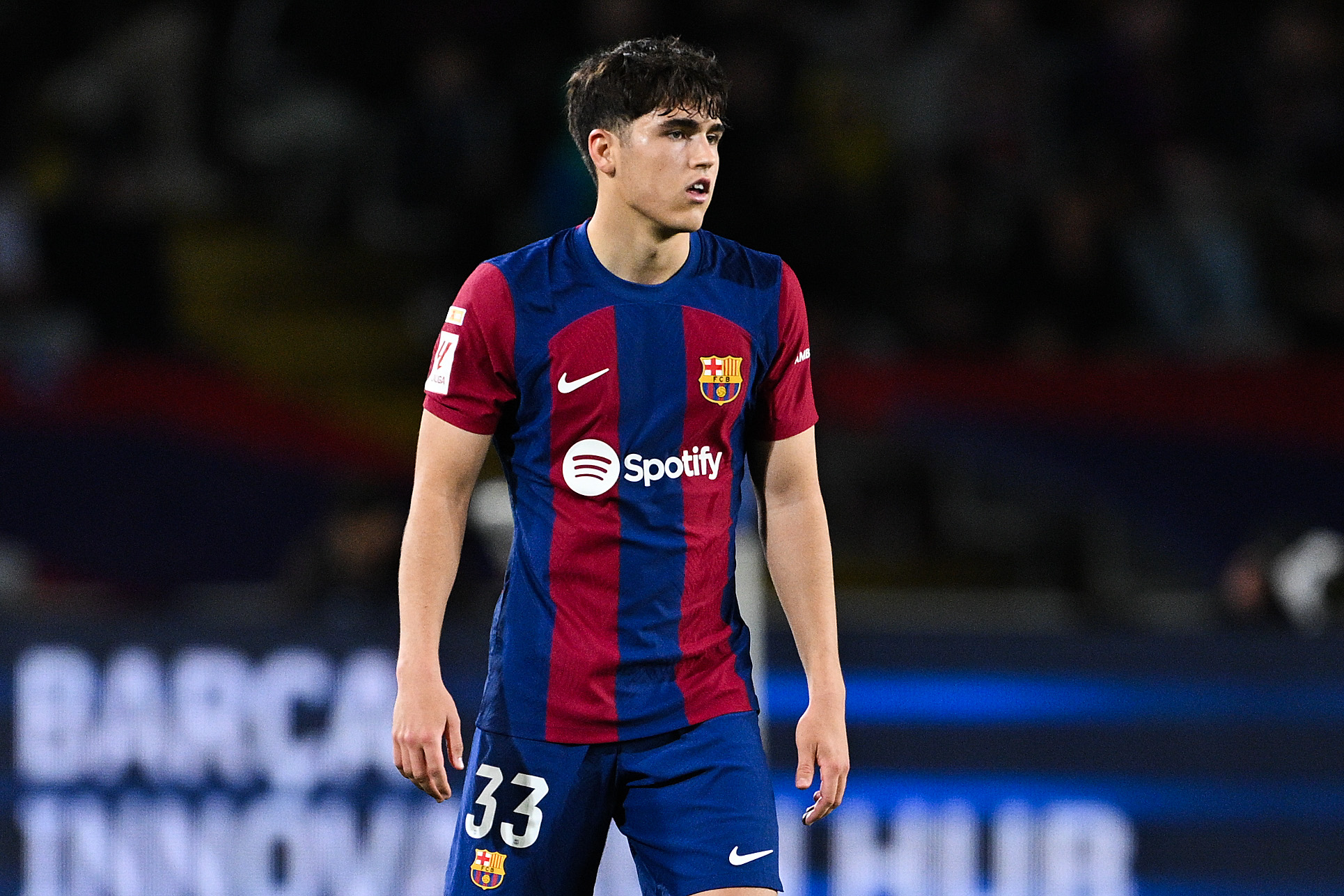 BARCELONA, SPAIN - MARCH 30: Pau Cubarsi of FC Barcelona looks on during the LaLiga EA Sports match between FC Barcelona and UD Las Palmas at Estadi Olimpic Lluis Companys on March 30, 2024 in Barcelona, Spain.