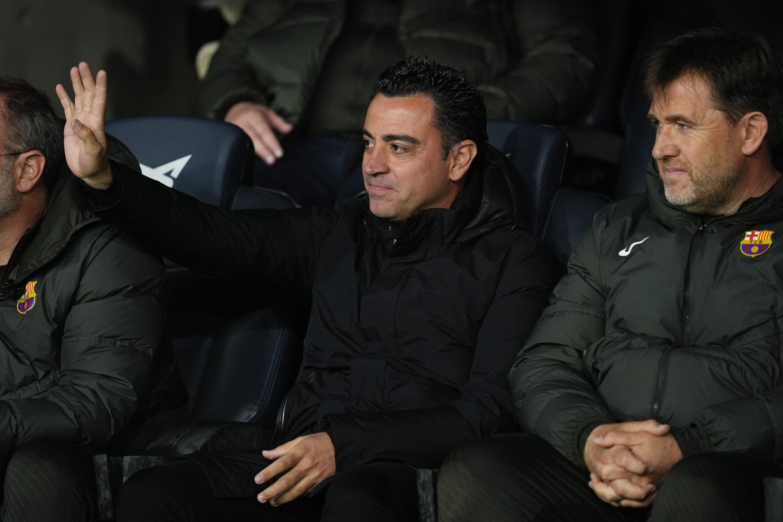 BARCELONA, SPAIN - APRIL 29: Xavi, Head Coach of FC Barcelona, gestures prior to the LaLiga EA Sports match between FC Barcelona and Valencia CF at Estadi Olimpic Lluis Companys on April 29, 2024 in Barcelona, Spain.