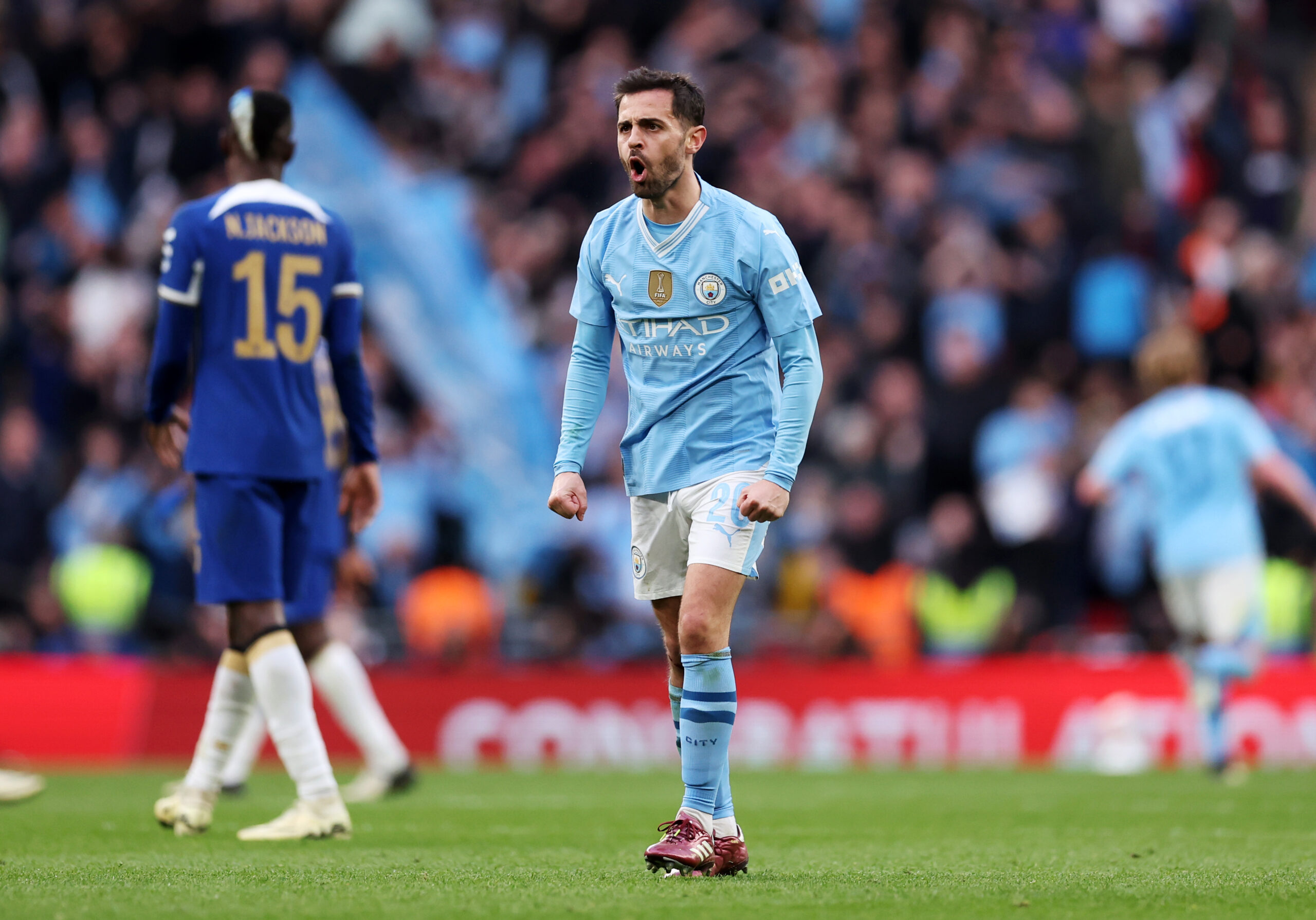 LONDON, ENGLAND - APRIL 20: Bernardo Silva of Manchester City celebrates after the team's victory during the Emirates FA Cup Semi Final match between Manchester City and Chelsea at Wembley Stadium on April 20, 2024 in London, England.