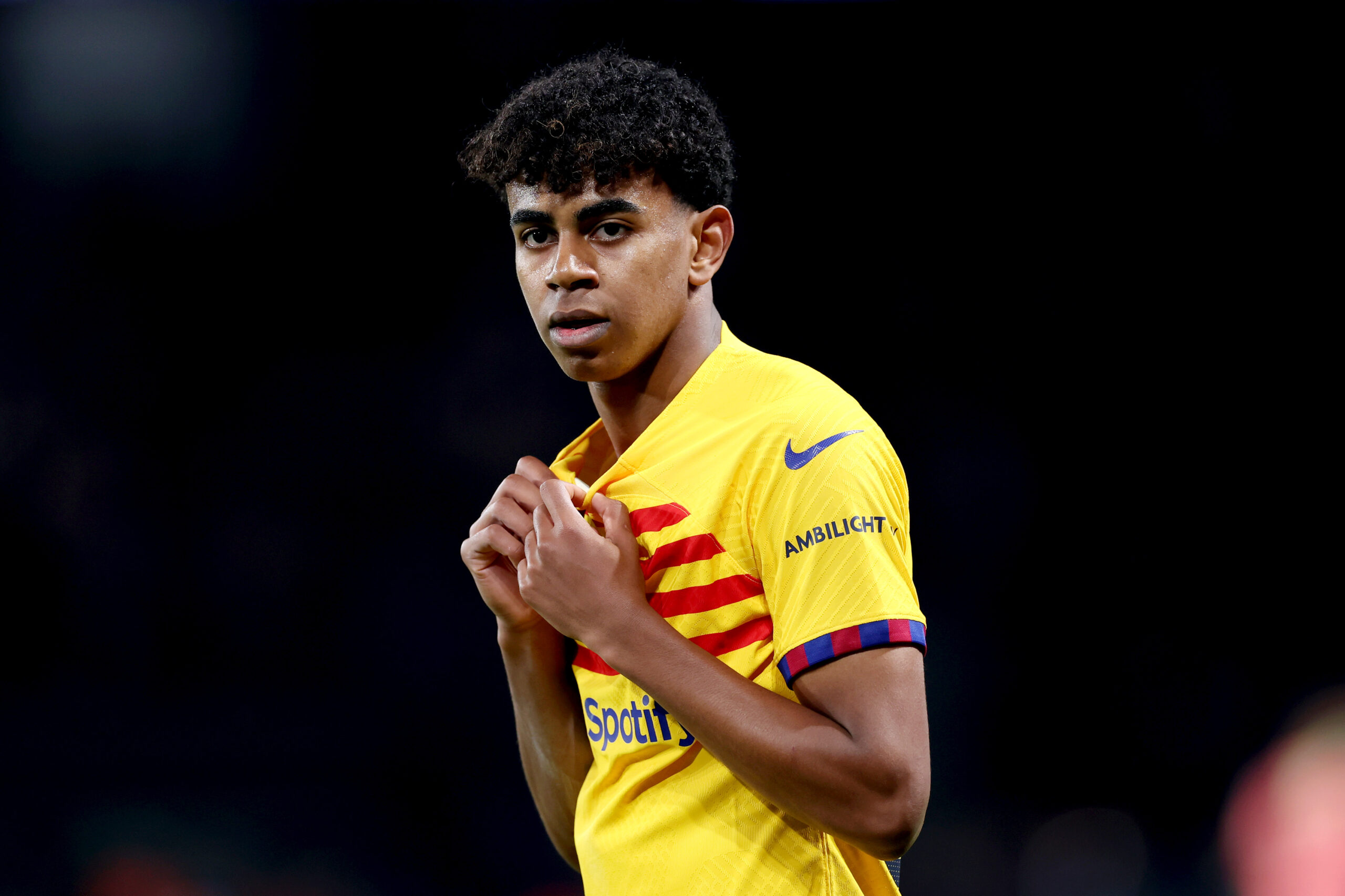 PARIS, FRANCE - APRIL 10: Lamine Yamal of FC Barcelona looks on during the UEFA Champions League quarter-final first leg match between Paris Saint-Germain and FC Barcelona at Parc des Princes on April 10, 2024 in Paris, France.