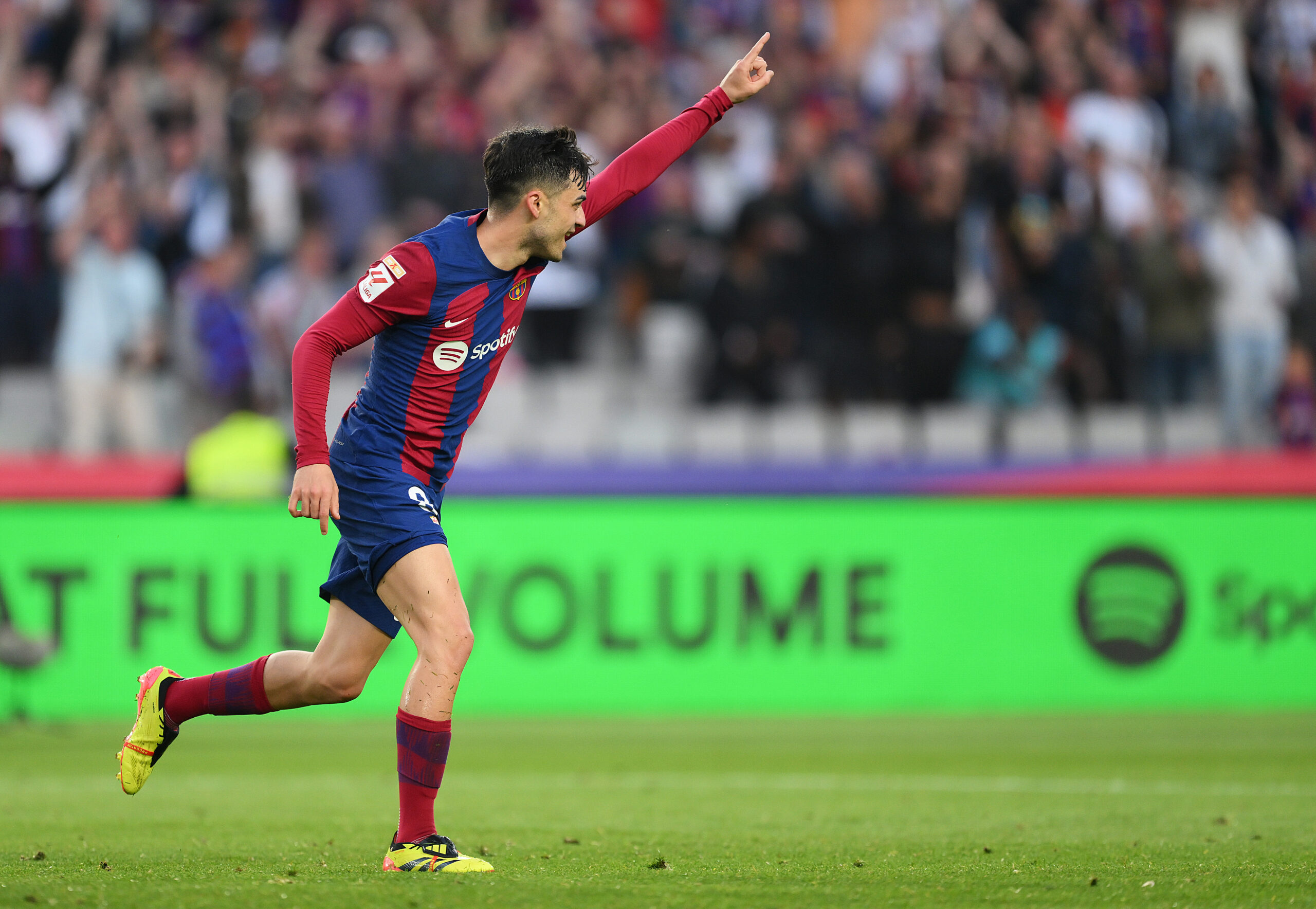 BARCELONA, SPAIN - MAY 19: Pedri of FC Barcelona celebrates scoring his team's third goal during the LaLiga EA Sports match between FC Barcelona and Rayo Vallecano at Estadi Olimpic Lluis Companys on May 19, 2024 in Barcelona, Spain.