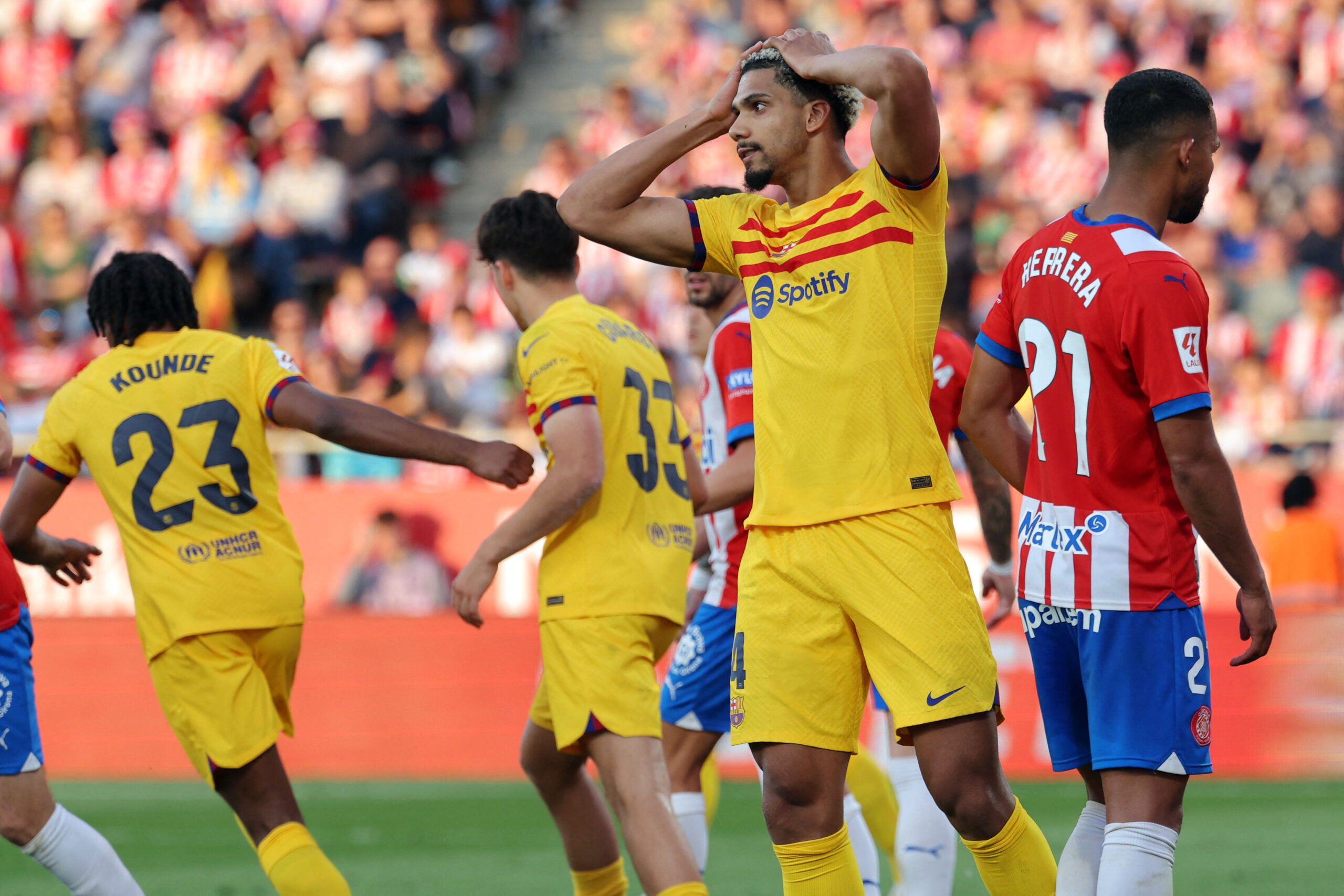 Barcelona's Uruguayan defender #04 Ronald Araujo reacts during the Spanish league football match between Girona FC and FC Barcelona at the Montilivi stadium in Girona on May 4, 2024.