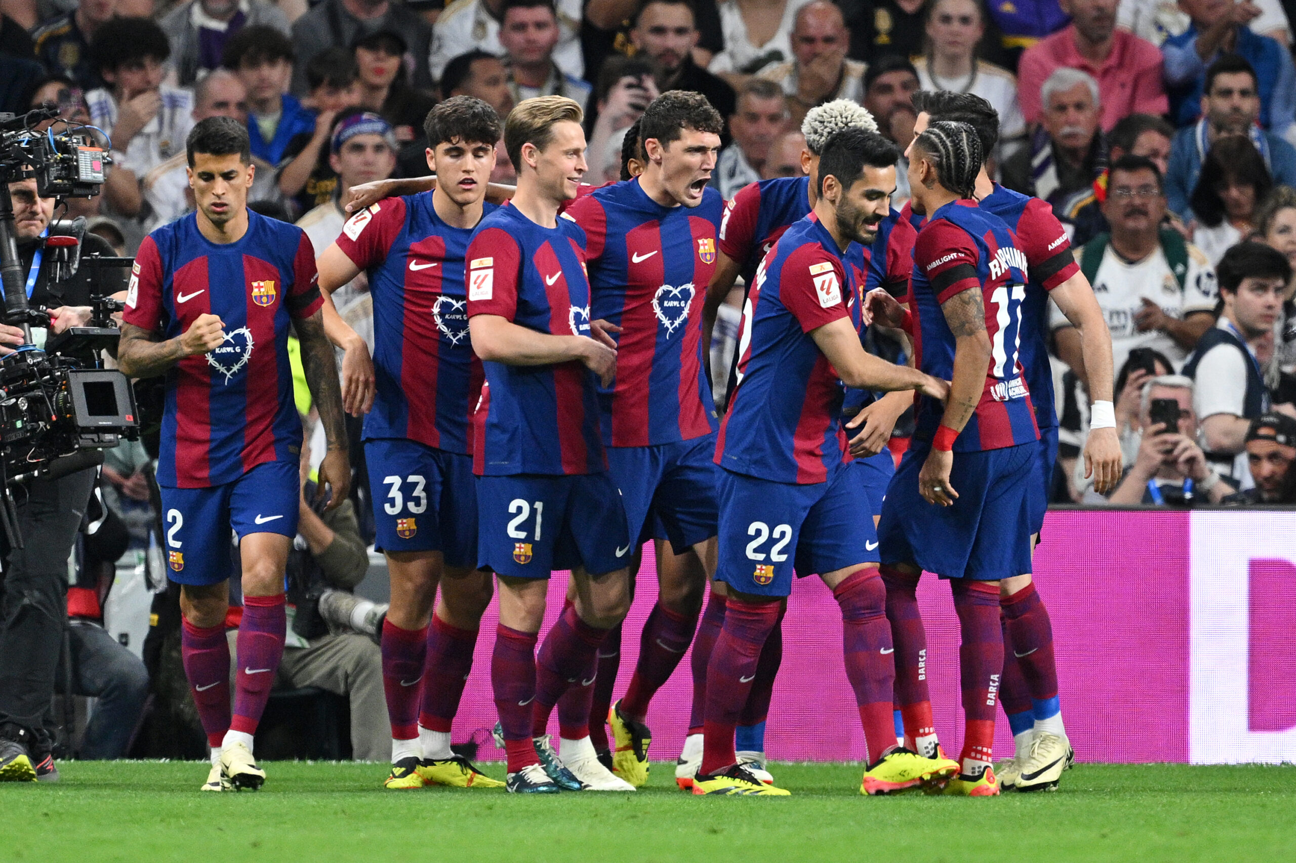 MADRID, SPAIN - APRIL 21: Andreas Christensen of FC Barcelona celebrates with teammates after scoring his team's first goal during the LaLiga EA Sports match between Real Madrid CF and FC Barcelona at Estadio Santiago Bernabeu on April 21, 2024 in Madrid, Spain.