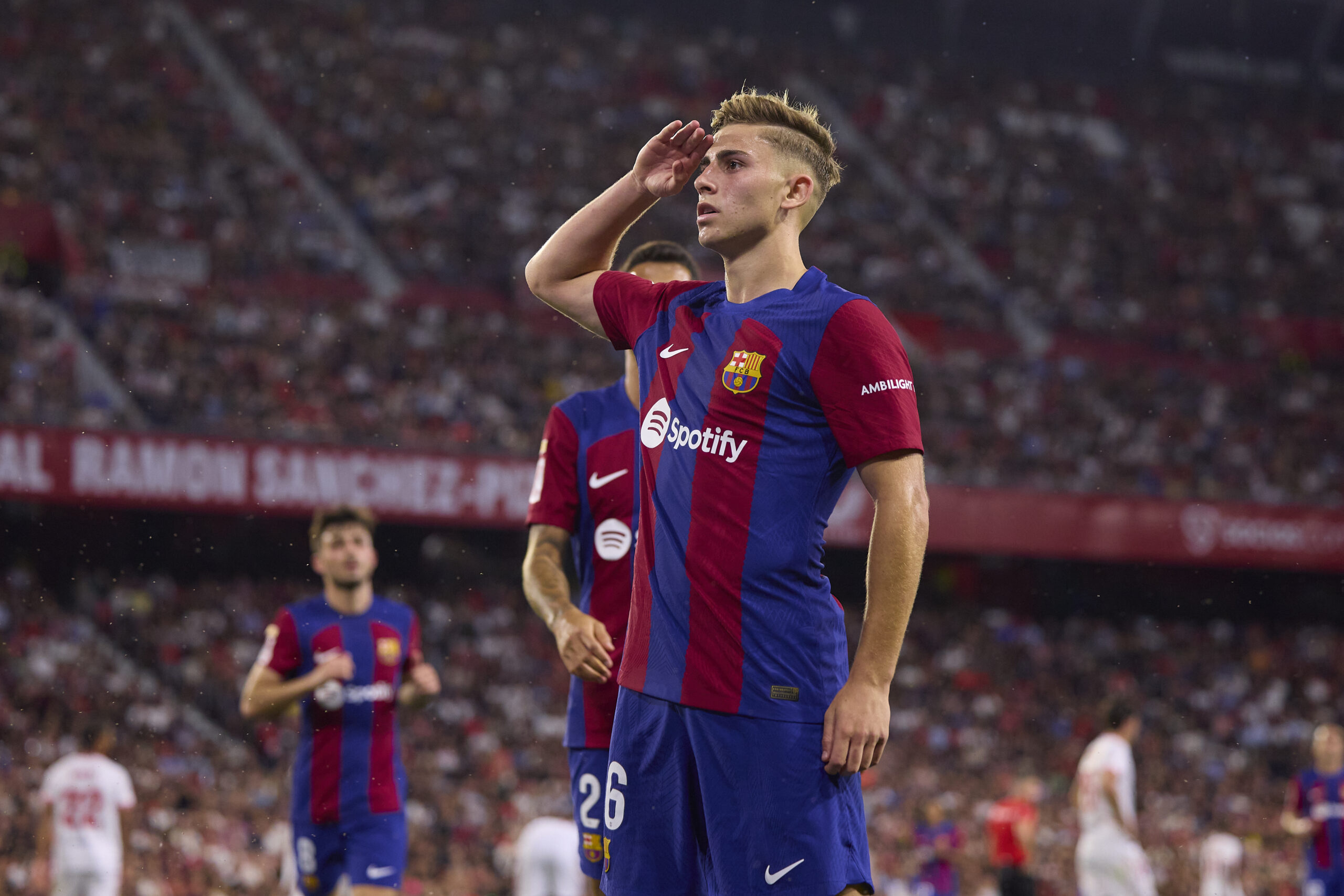 SEVILLE, SPAIN - MAY 26: Fermin Lopez of FC Barcelona celebrates after scoring the teams second goal during the LaLiga EA Sports match between Sevilla FC and FC Barcelona at Estadio Ramon Sanchez Pizjuan on May 26, 2024 in Seville, Spain.
