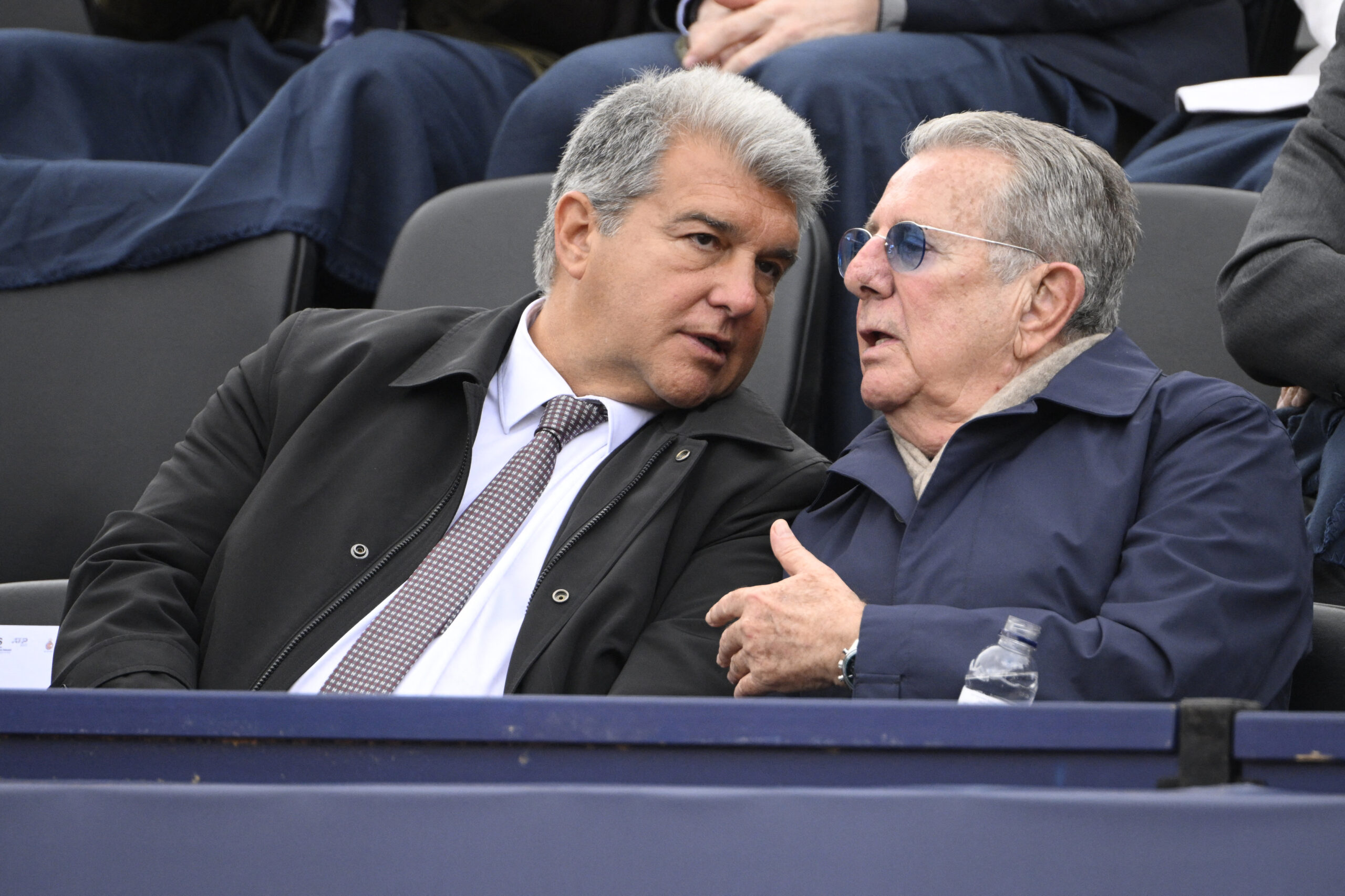 FC Barcelona President Joan Laporta (L) talks to Javier Godo Muntanola, Count of Godo, during the ATP Barcelona Open 