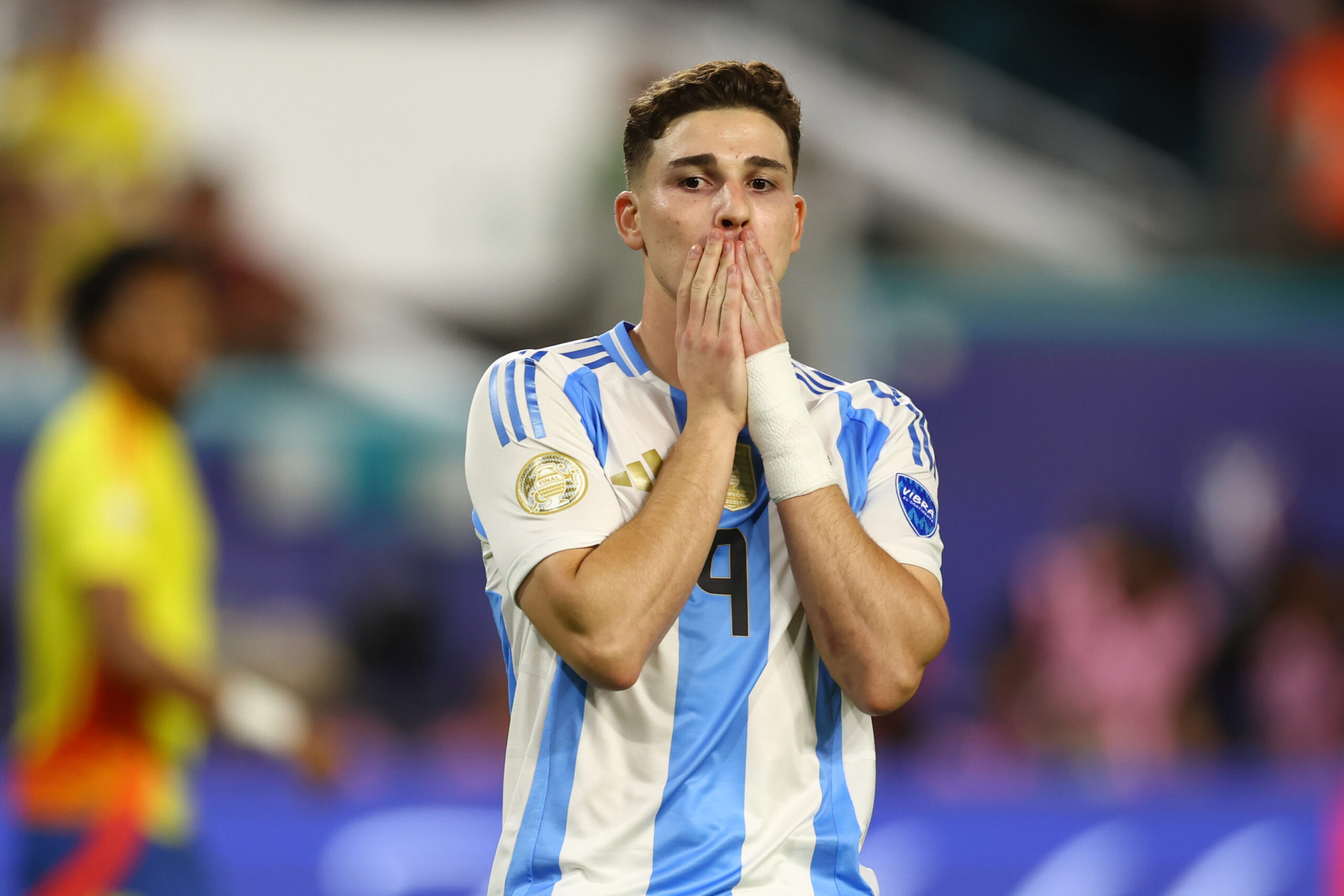 MIAMI GARDENS, FLORIDA - JULY 14: Julian Alvarez of Argentina gestures during the CONMEBOL Copa America 2024 Final match between Argentina and Colombia at Hard Rock Stadium on July 14, 2024 in Miami Gardens, Florida.