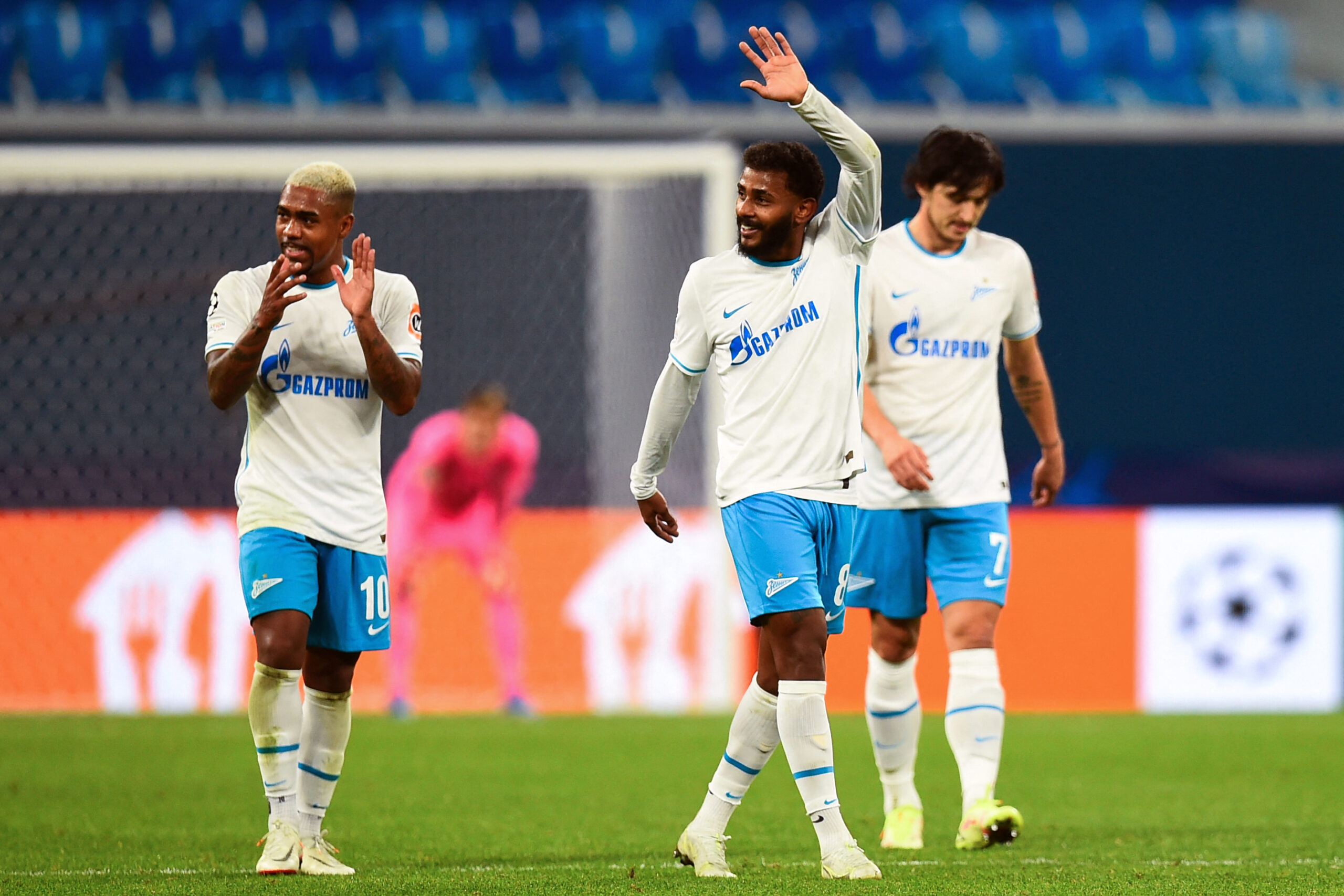 Zenit St. Petersburg's Brazilian midfielder Wendel celebrates after scoring the team's fourth goal during the UEFA Champions League football match between Zenit St. Petersburg and Malmo FF in Saint Petersburg on September 29, 2021.