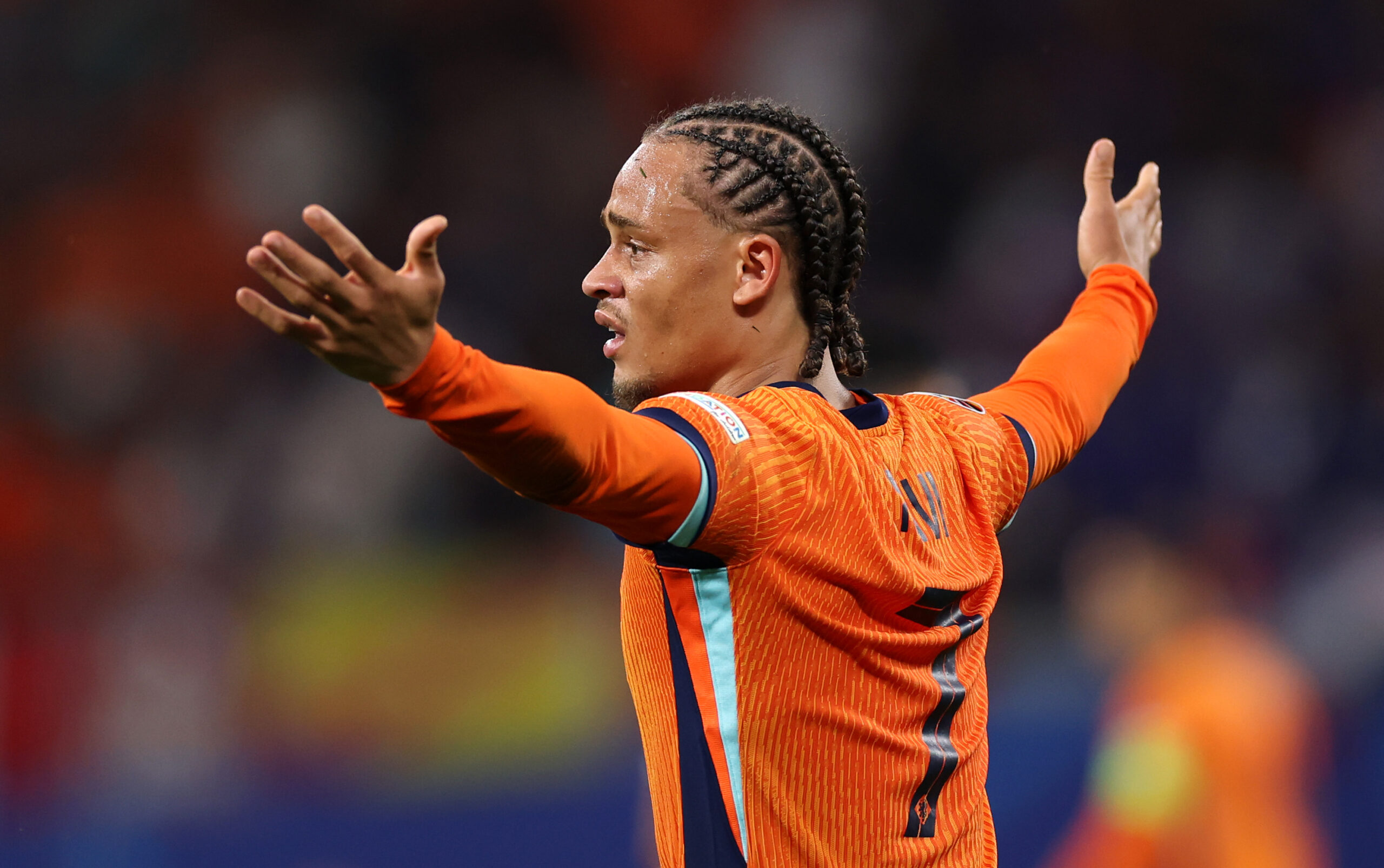 LEIPZIG, GERMANY - JUNE 21: Xavi Simons of the Netherlands reacts as the goal he scored is under VAR review and later ruled out for offside during the UEFA EURO 2024 group stage match between Netherlands and France at Football Stadium Leipzig on June 21, 2024 in Leipzig, Germany.