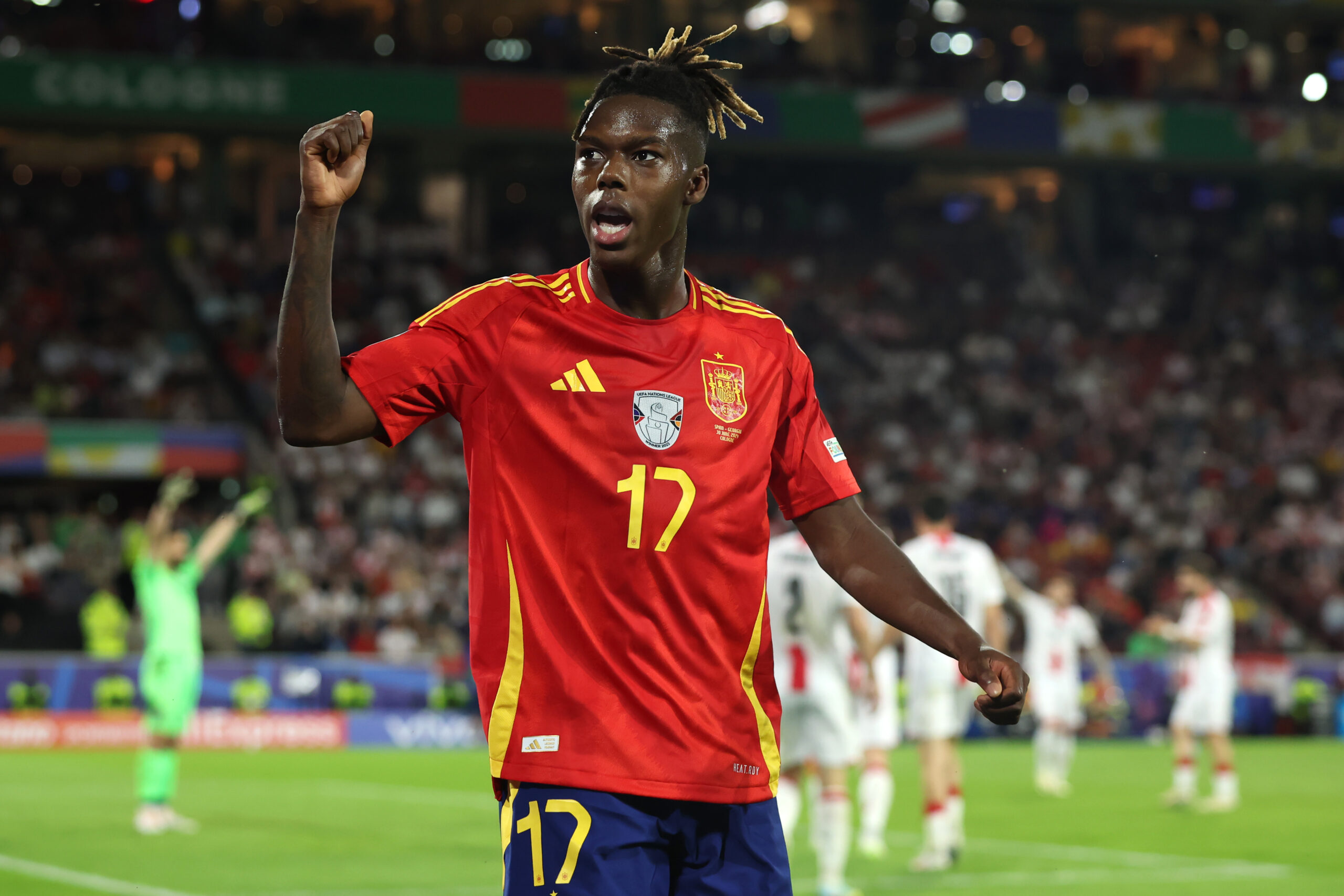 COLOGNE, GERMANY - JUNE 30: Nico Williams of Spain reacts during the UEFA EURO 2024 round of 16 match between Spain and Georgia at Cologne Stadium on June 30, 2024 in Cologne, Germany.