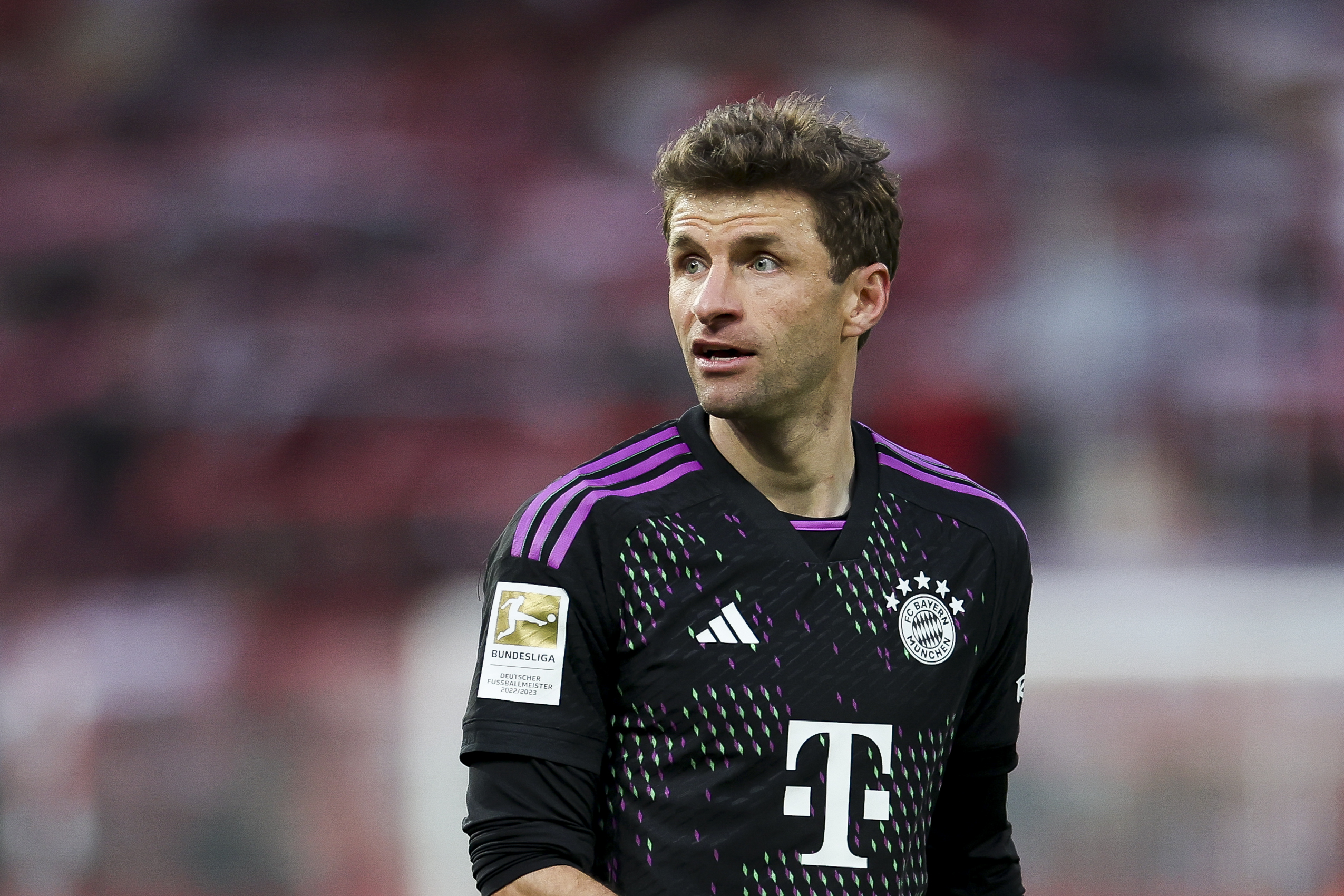 BERLIN, GERMANY - APRIL 20: Thomas Mueller of FC Bayern München looks on during the Bundesliga match between 1. FC Union Berlin and FC Bayern München at An der Alten Foersterei on April 20, 2024 in Berlin, Germany.
