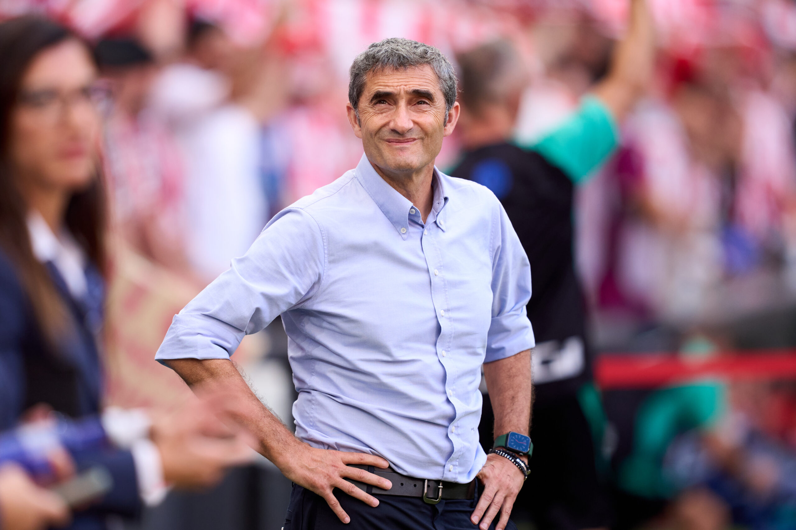 BILBAO, SPAIN - AUGUST 15: Head coach Ernesto Valverde of Athletic Club looks on during the La Liga match between Athletic Club and Getafe CF at Estadio de San Mames on August 15, 2024 in Bilbao, Spain.