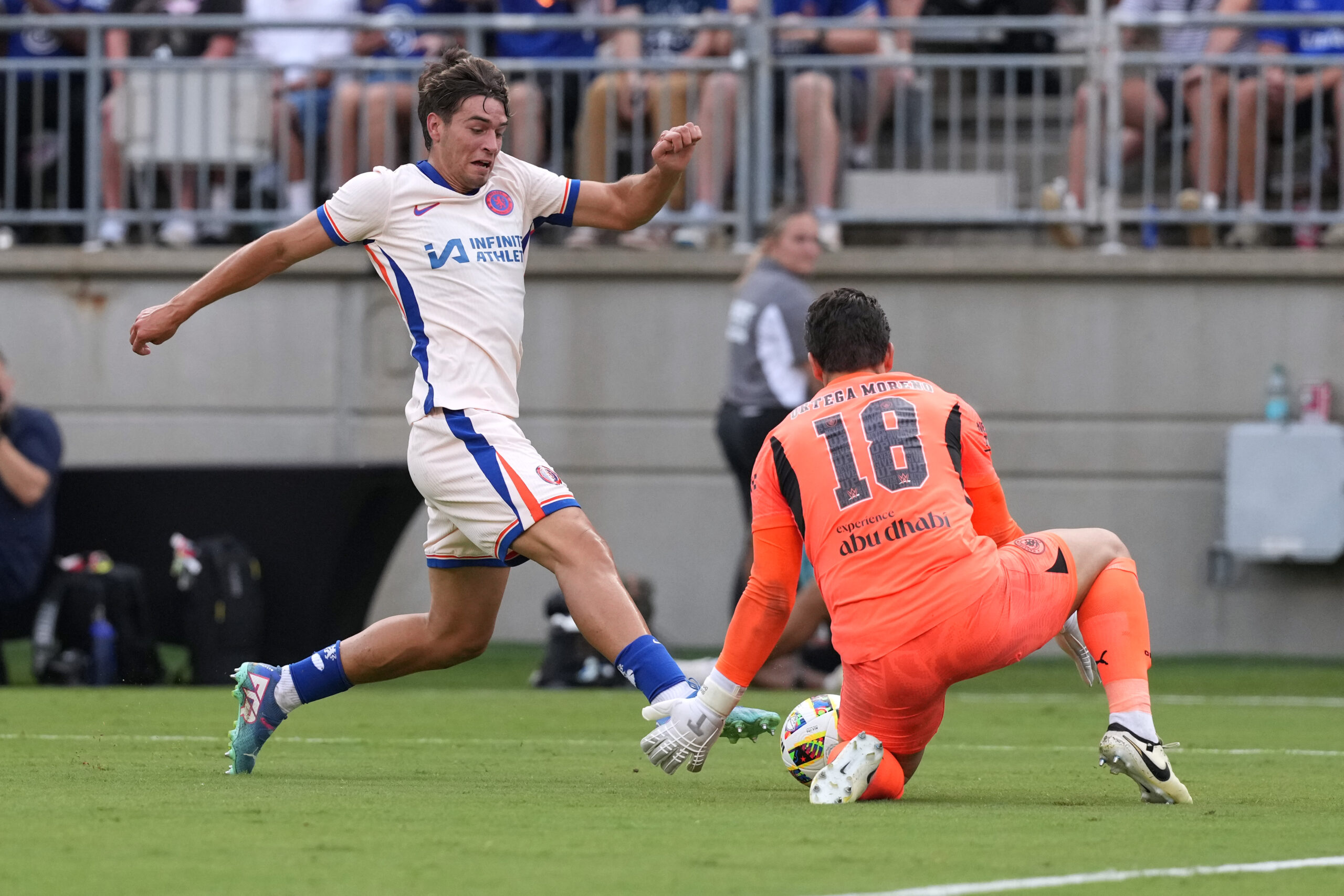 COLUMBUS, OHIO - AUGUST 03: Marc Guiu #38 of Chelsea FC shoots the ball against Stefan Ortega #18 of Manchester City during the second half at Ohio Stadium on August 03, 2024 in Columbus, Ohio.