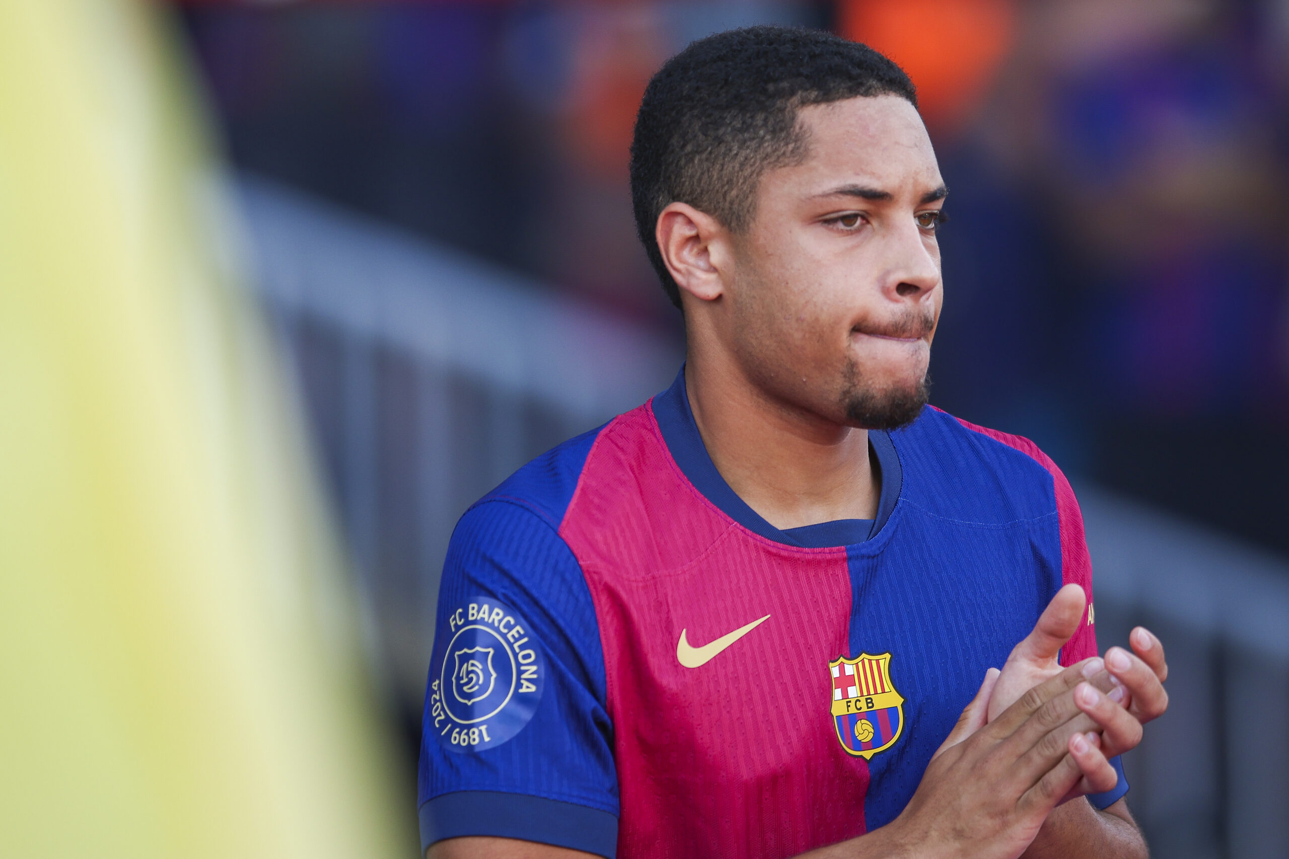 BARCELONA, SPAIN - AUGUST 12: Vitor Roque of FC Barcelona looks on prior to the Joan Gamper Trophy match between FC Barcelona and AS Monaco at Estadi Olimpic Lluis Companys on August 12, 2024 in Barcelona, Spain.