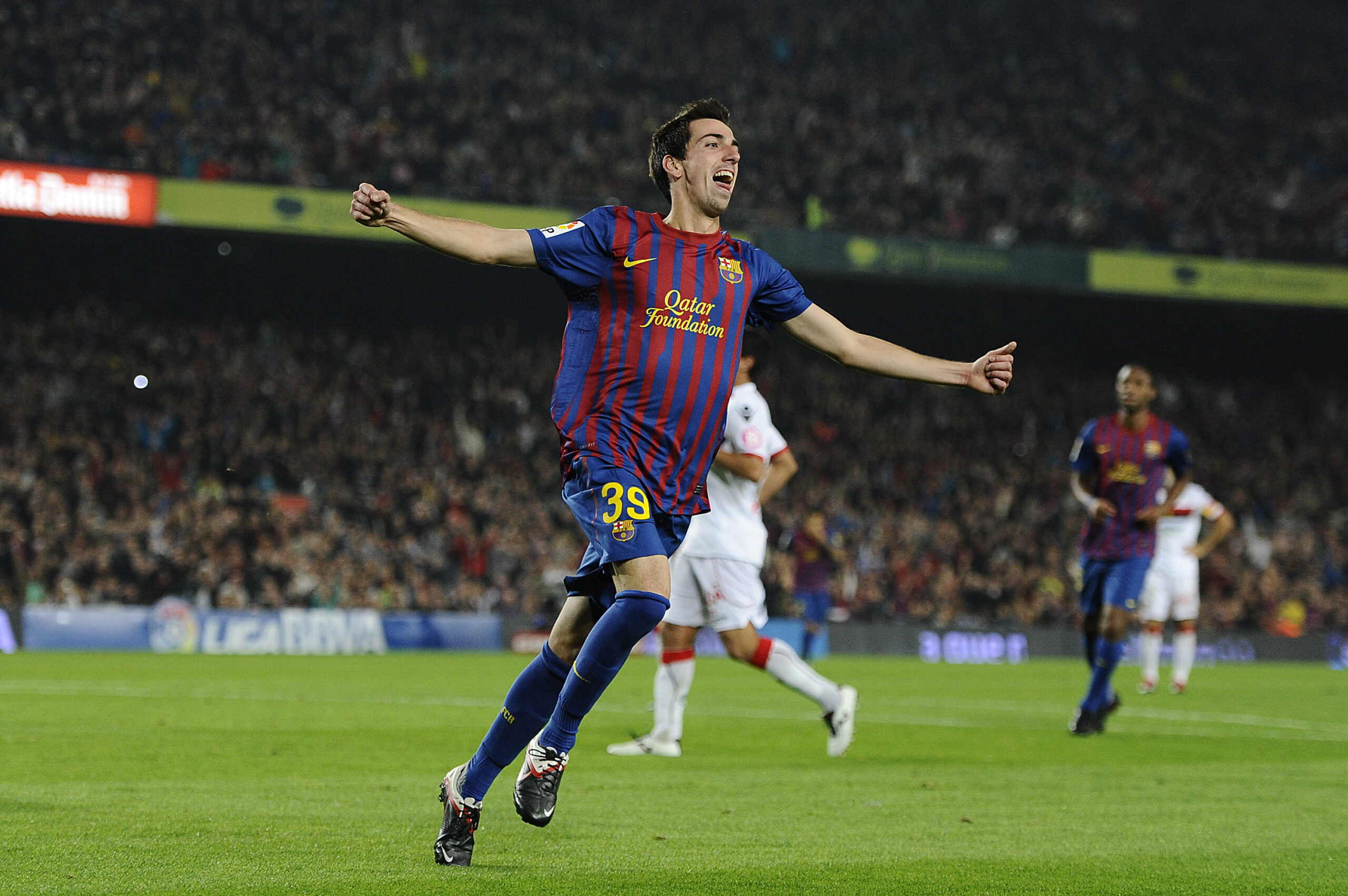 BARCELONA, SPAIN - OCTOBER 29: Isaac Cuenca of FC Barcelona celebrates after scoring his fourth team's goal during the La Lliga match between FC Barcelona and RCD mallorca at Camp Nou on October 29, 2011 in Barcelona, Spain.