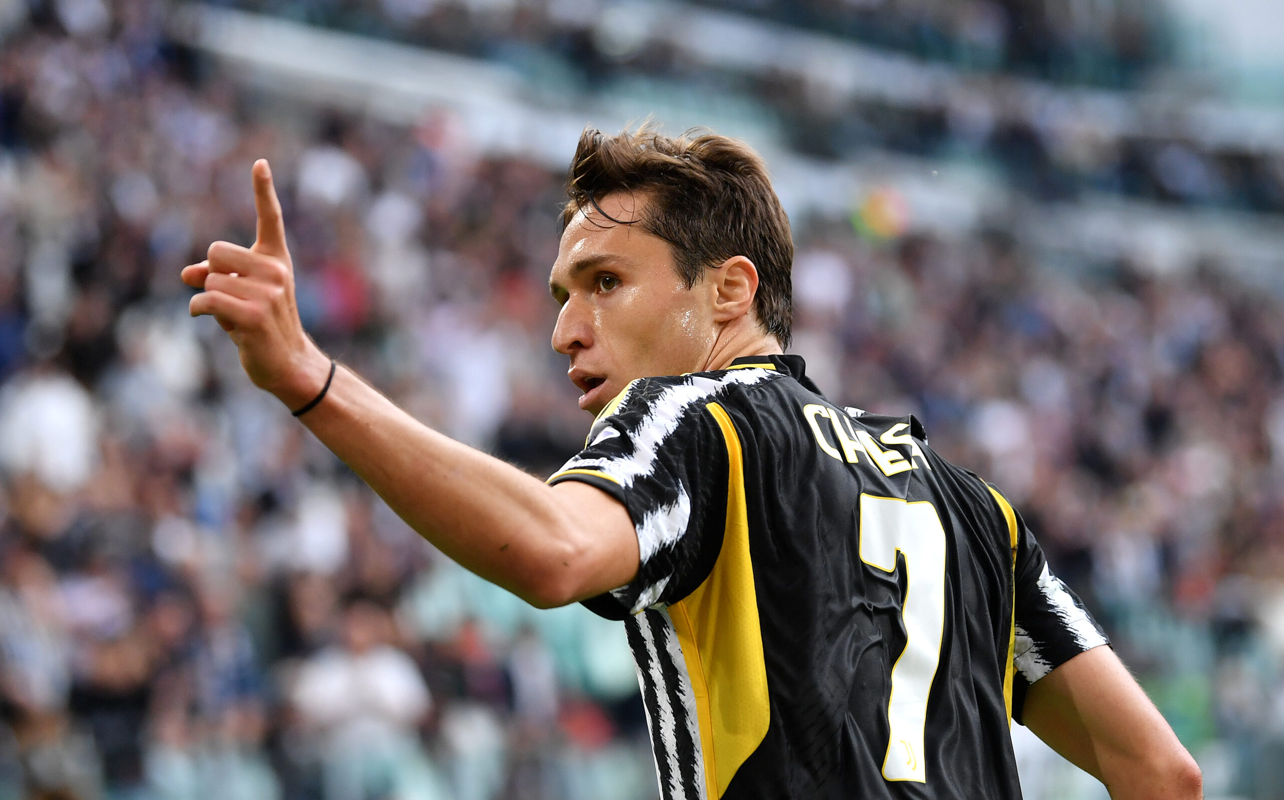 TURIN, ITALY - MAY 25: Federico Chiesa of Juventus celebrates scoring his team's first goal during the Serie A TIM match between Juventus and AC Monza at on May 25, 2024 in Turin, Italy.