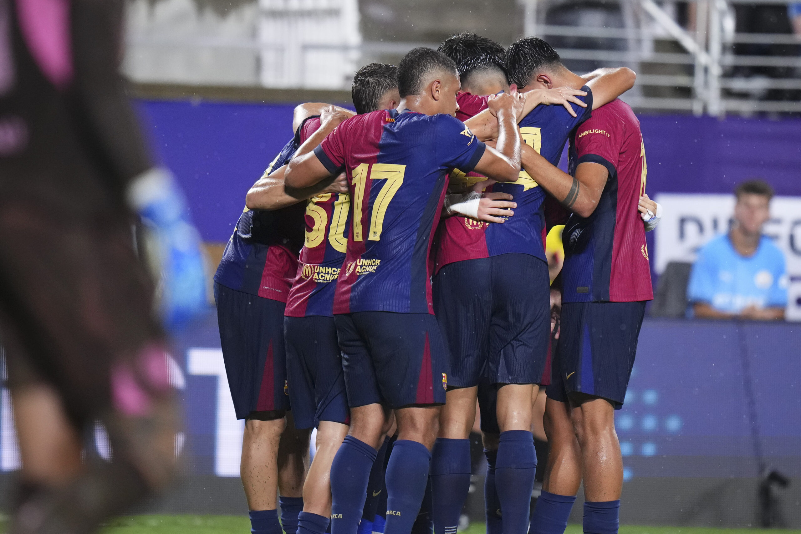 ORLANDO, FLORIDA - JULY 30: Pablo Torre #6 of FC Barcelona celebrates after scoring against the Manchester City during a pre-season match between Manchester City and FC Barcelona at Camping World Stadium on July 30, 2024 in Orlando, Florida.