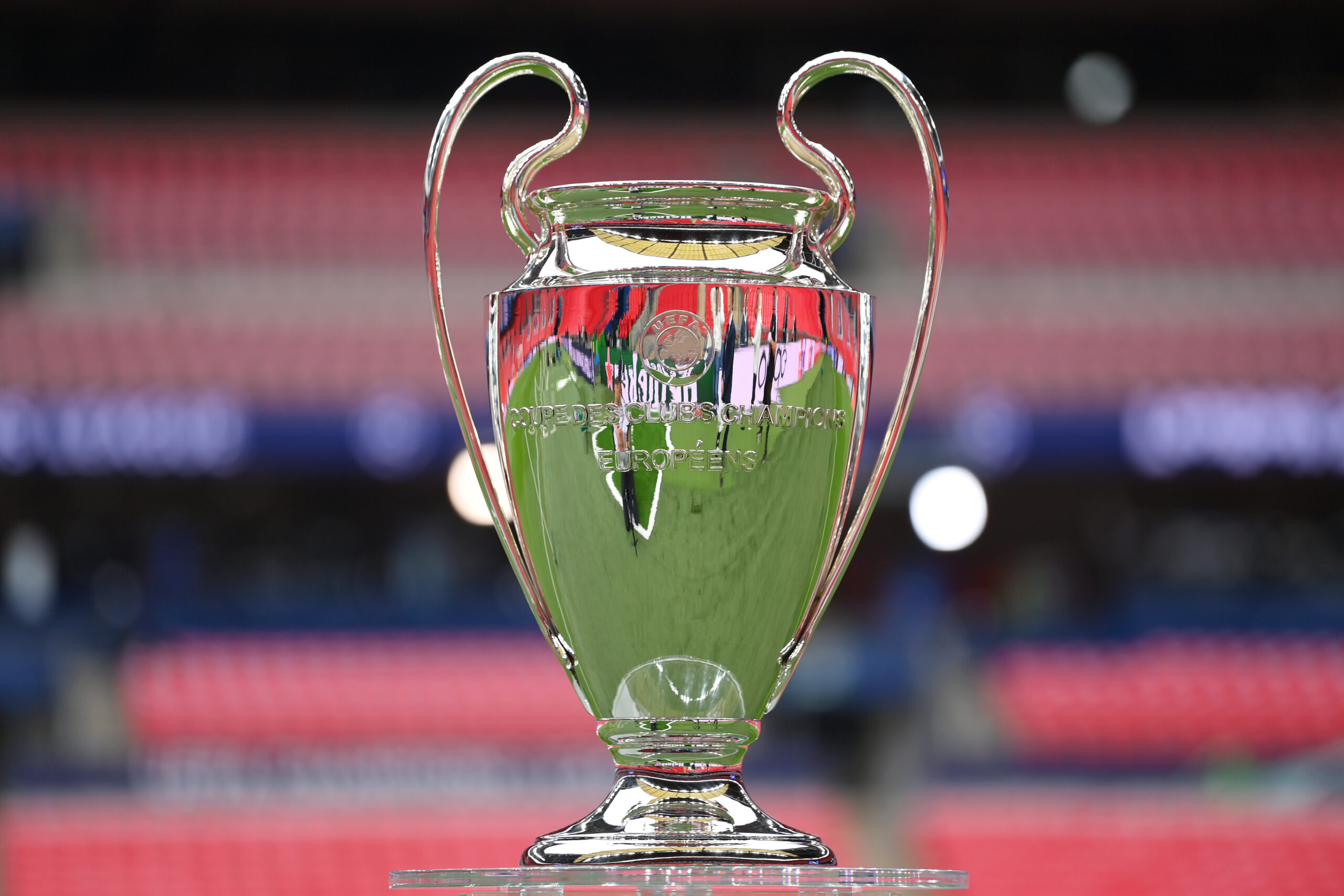 LONDON, ENGLAND - MAY 31: A detailed view of the UEFA Champions League trophy is seen on a plinth prior to the UEFA Champions League 2023/24 final match between Borussia Dortmund and Real Madrid CF at Wembley Stadium on May 31, 2024 in London, England.