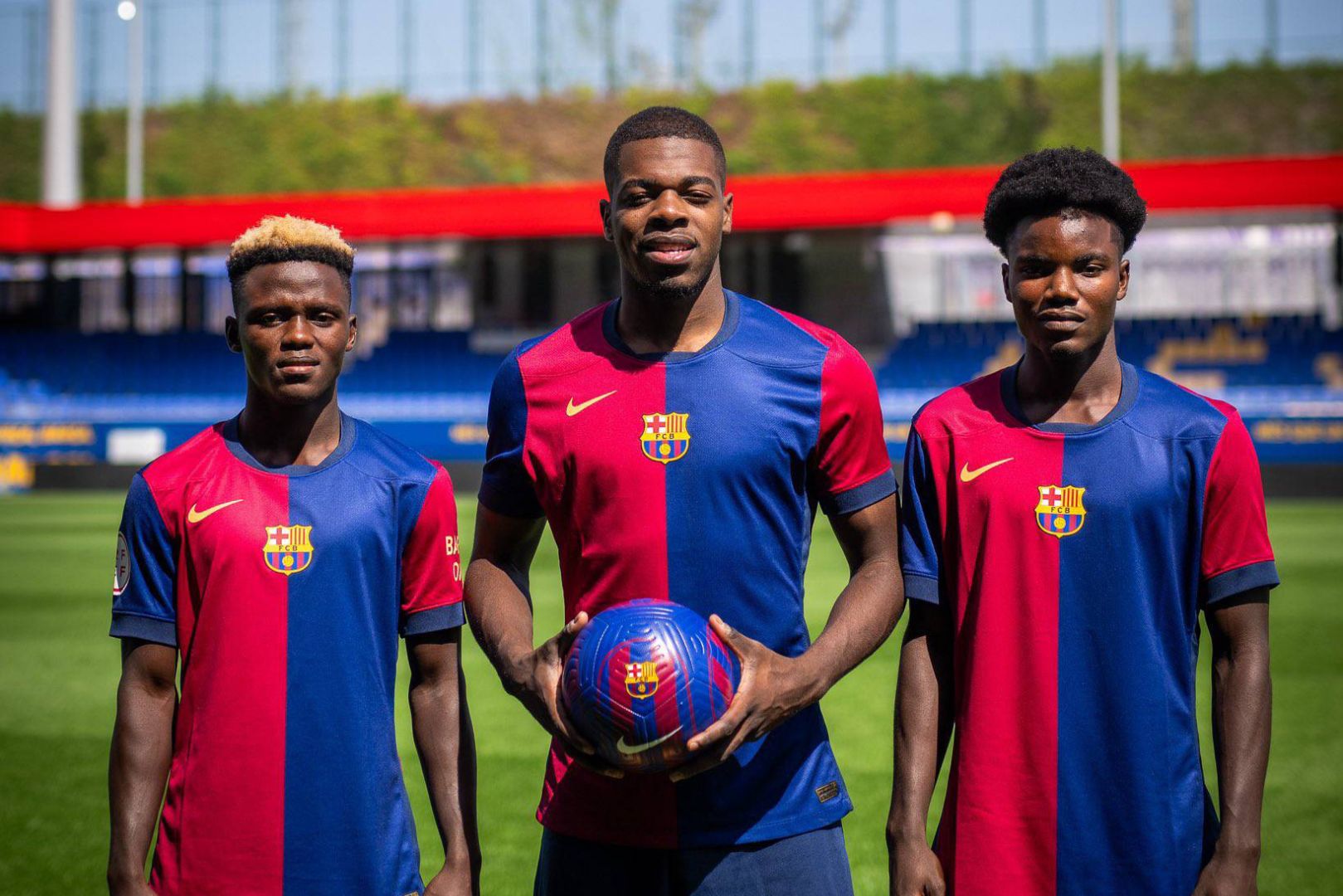 New Barcelona quarry signings Abdul Aziz Issah, Ivan Cedric, and David Oduro.