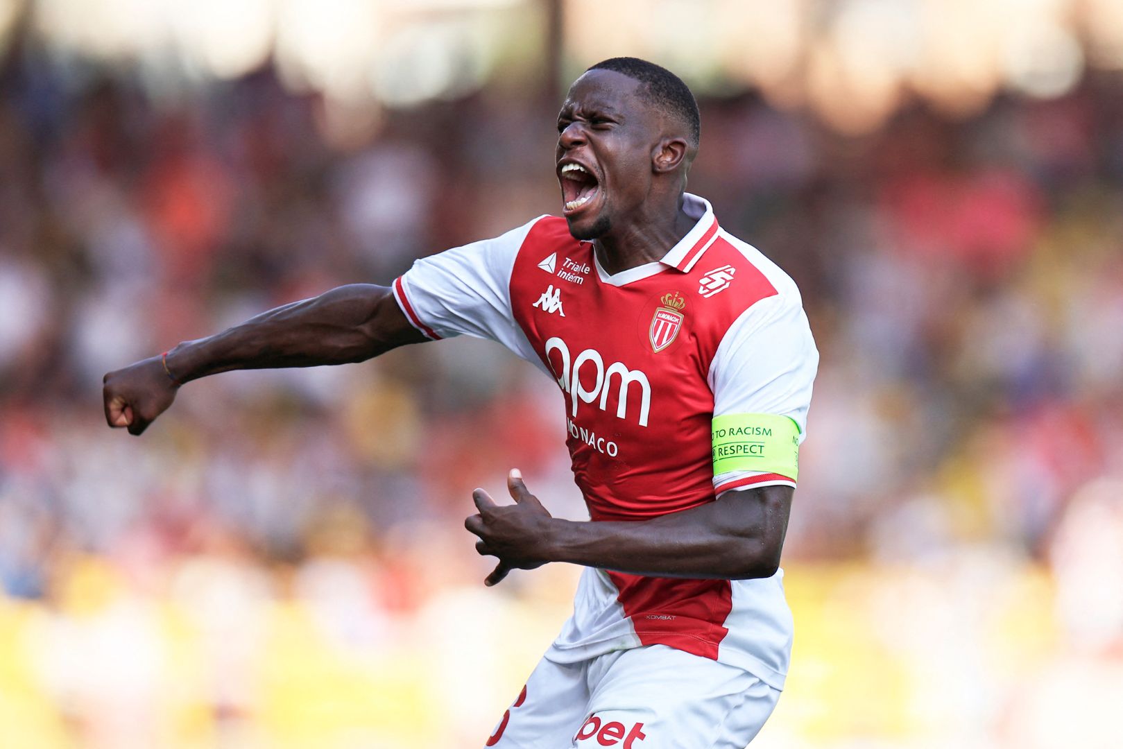Monaco's Swiss midfielder #06 Denis Zakaria celebrates after scoring a goal during the French L1 football match between AS Monaco and RC Lens at the Louis II Stadium (Stade Louis II) in the Principality of Monaco on September 1, 2024.