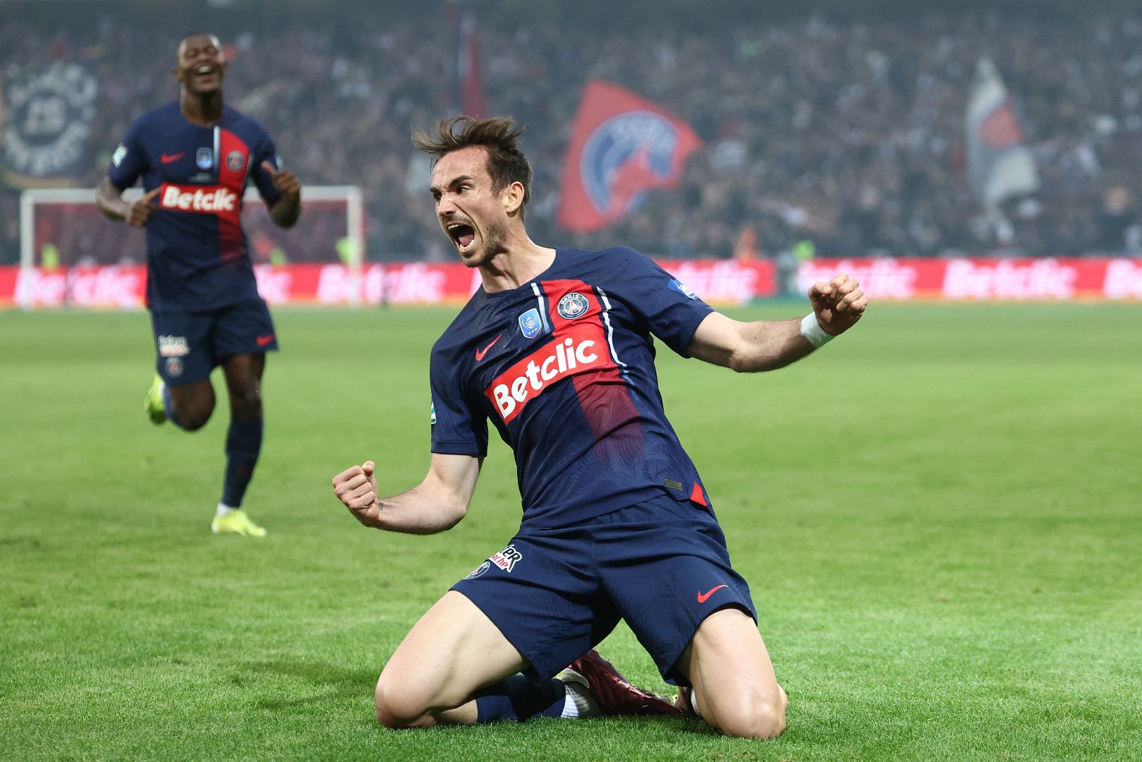 TOPSHOT - Paris Saint-Germain's Spanish midfielder #08 Fabian Ruiz celebrates after scoring his team's second goal during the French Cup Final football match between Olympique Lyonnais (OL) and Paris Saint-Germain (PSG) at the Stade Pierre-Mauroy, in Villeneuve-d'Ascq, northern France on May 25, 2024.