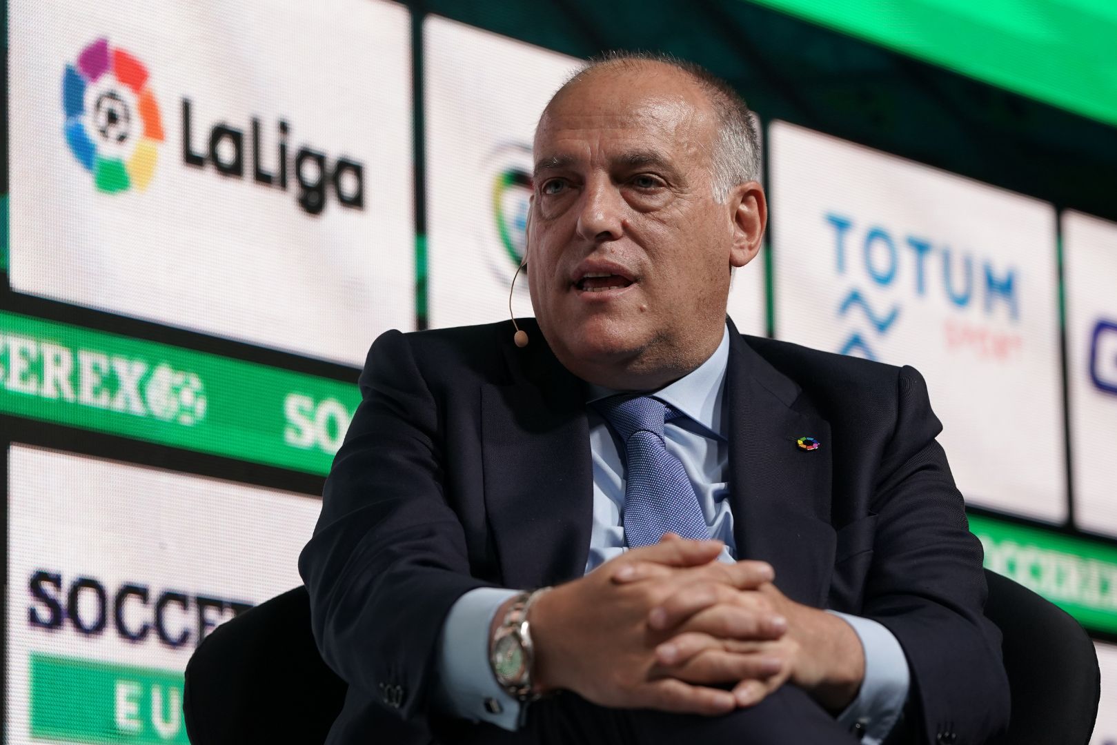 LISBON, PORTUGAL - SEPTEMBER 05: Javier Tebas President of La Liga talks during Day 1 of Soccerex Europe Convention at Tagus Park on September 5, 2019 in Lisbon, Portugal.