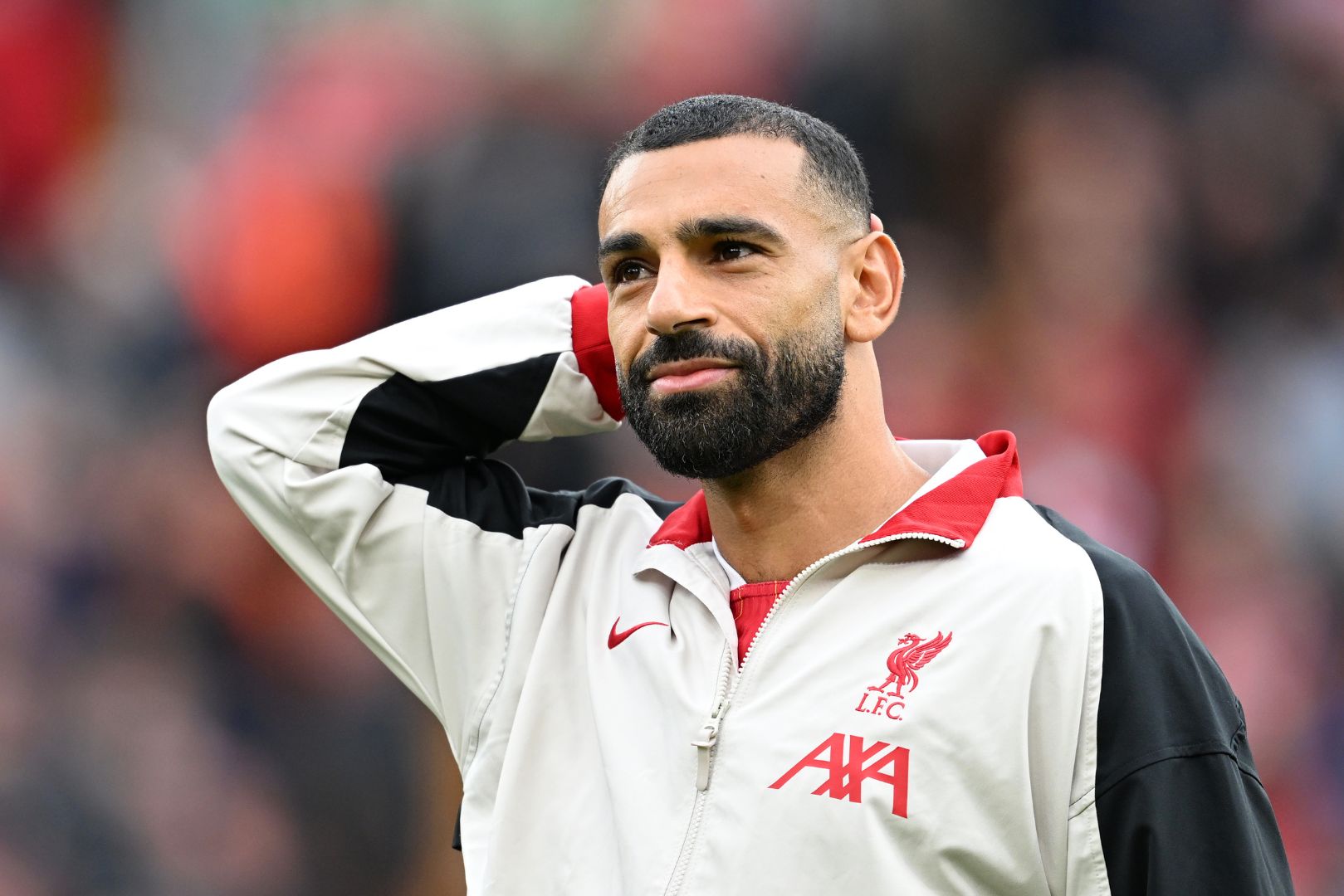 LIVERPOOL, ENGLAND - AUGUST 25: Mohamed Salah of Liverpool looks on before the Premier League match between Liverpool FC and Brentford FC at Anfield on August 25, 2024 in Liverpool, England.