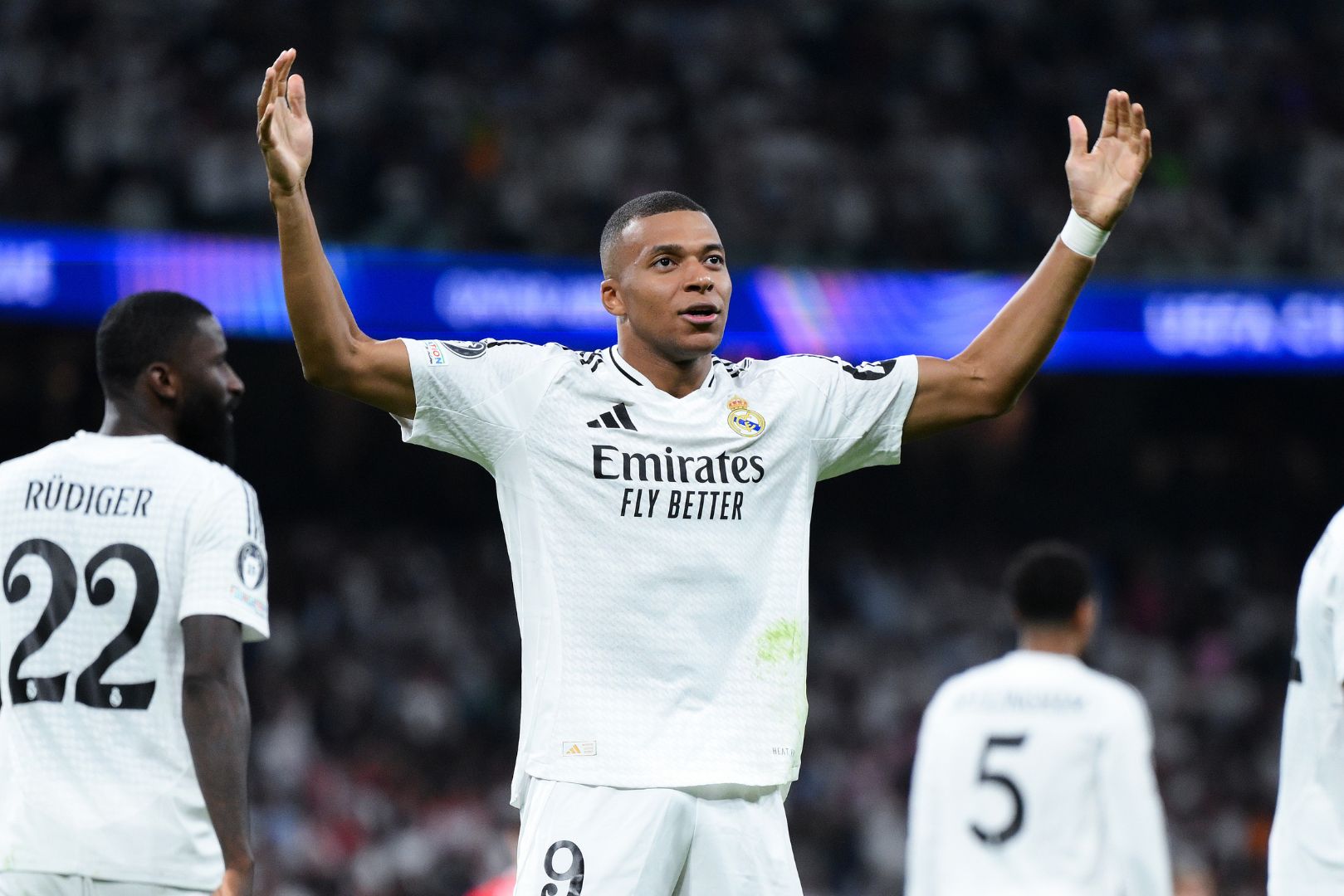 MADRID, SPAIN - SEPTEMBER 17: Kylian Mbappe of Real Madrid celebrates scoring his team's first goal during the UEFA Champions League 2024/25 League Phase MD1 match between Real Madrid CF and VfB Stuttgart at Estadio Santiago Bernabeu on September 17, 2024 in Madrid, Spain.