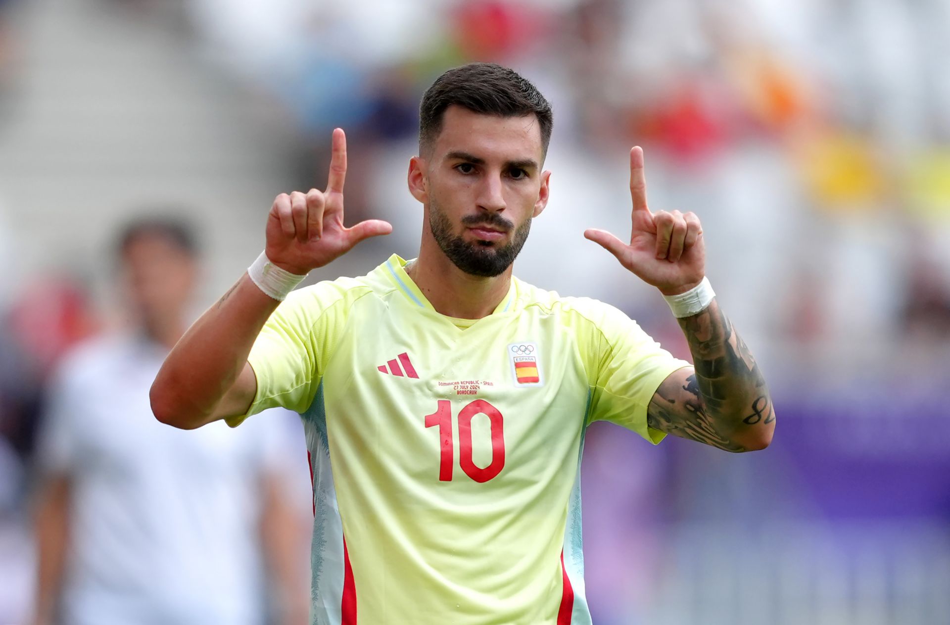 BORDEAUX, FRANCE - JULY 27: Alex Baena #10 of Team Spain celebrates scoring his team's second goal during the Men's group C match between Dominican Republic and Spain during the Olympic Games Paris 2024 at Nouveau Stade de Bordeaux on July 27, 2024 in Bordeaux, France.