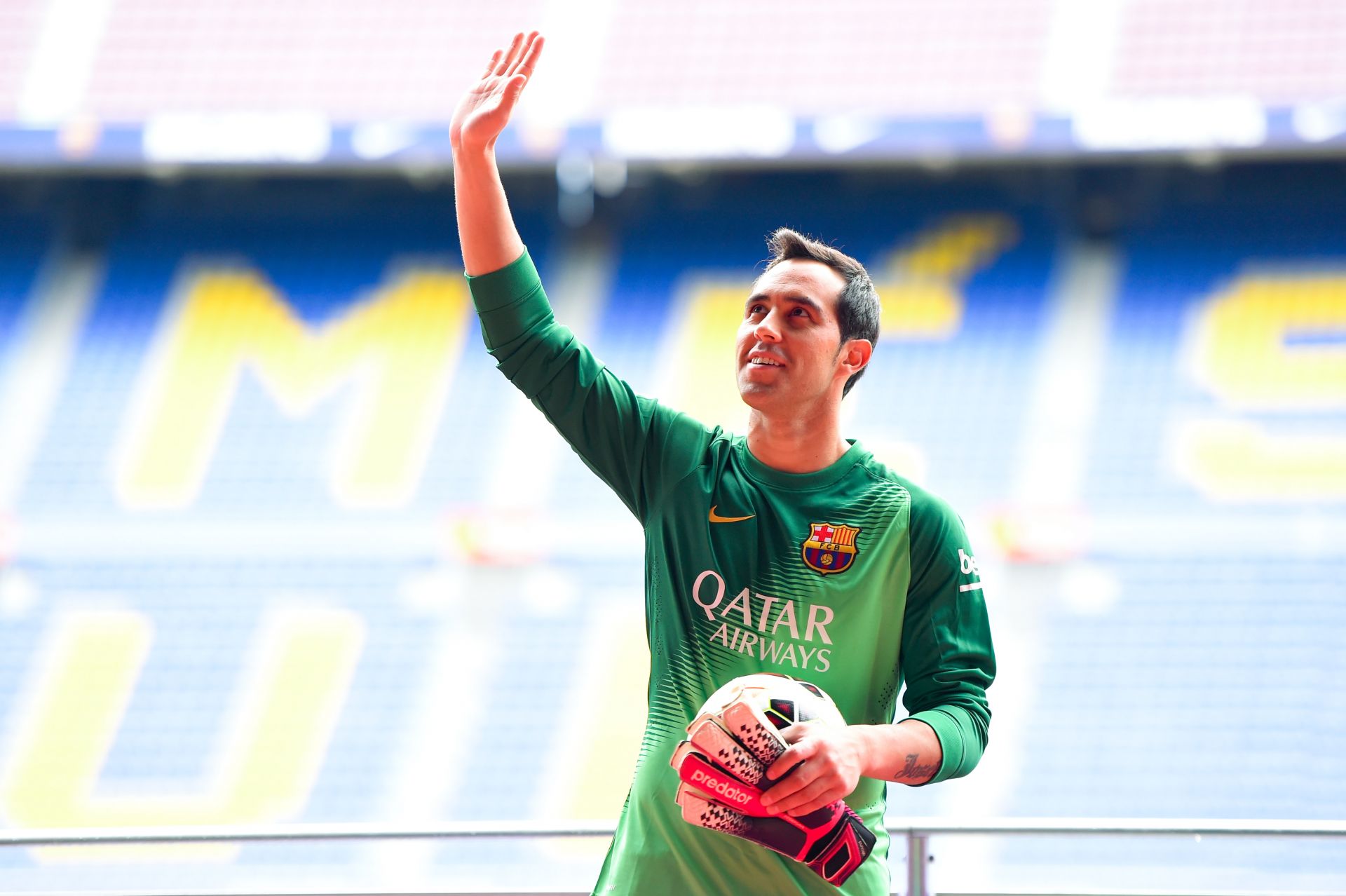 BARCELONA, SPAIN - JULY 07: Claudio Bravo poses as a new player for FC Barcelona at the Camp Nou Stadium on July 7, 2014 in Barcelona, Spain.