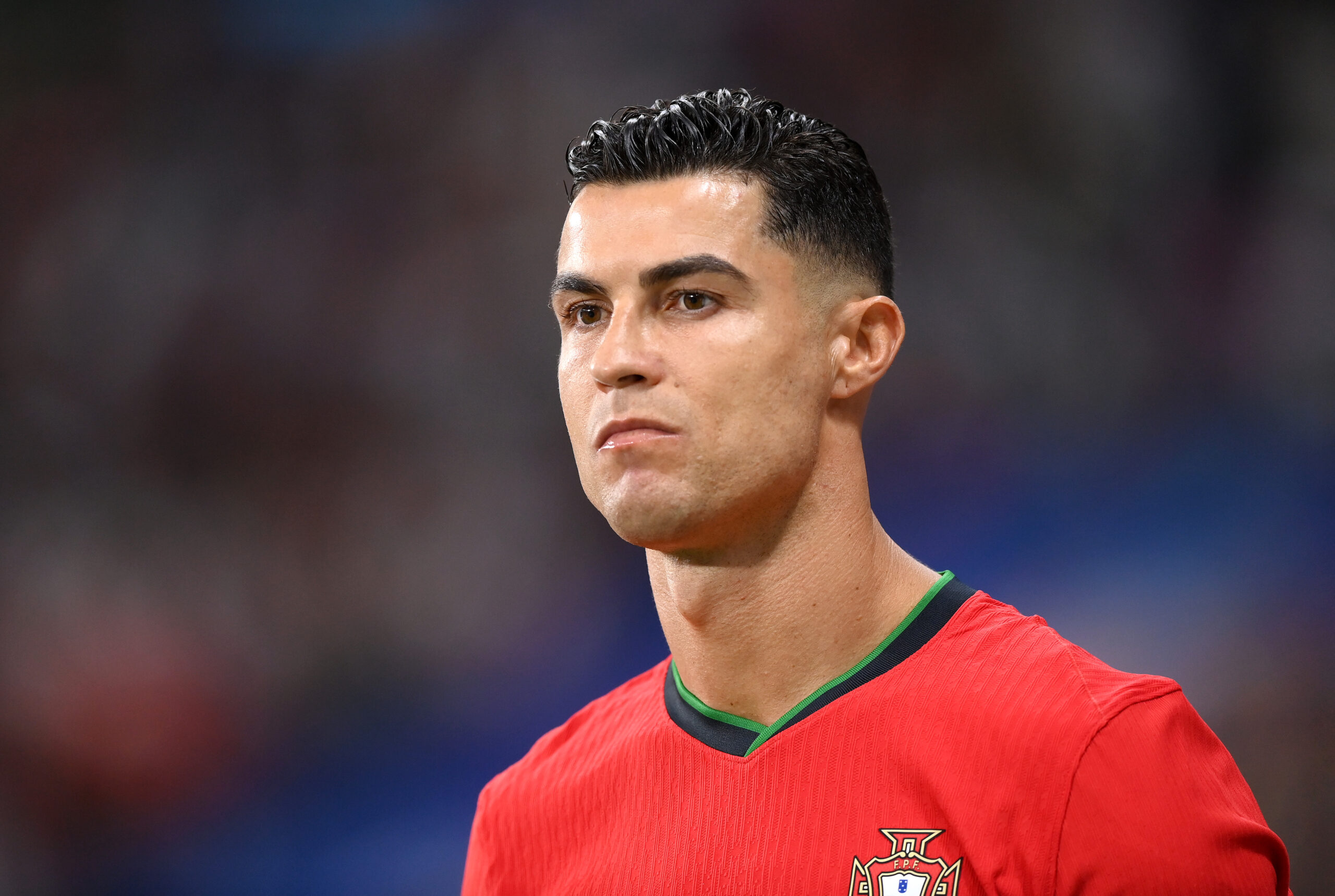 FRANKFURT AM MAIN, GERMANY - JULY 01: Cristiano Ronaldo of Portugal looks on during the UEFA EURO 2024 round of 16 match between Portugal and Slovenia at Frankfurt Arena on July 01, 2024 in Frankfurt am Main, Germany.