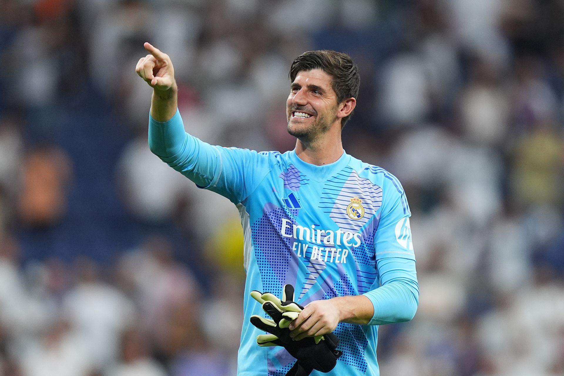 MADRID, SPAIN - AUGUST 25: Thibaut Courtois of Real Madrid gestures after the La Liga match between Real Madrid CF and Real Valladolid CF at Estadio Santiago Bernabeu on August 25, 2024 in Madrid, Spain.