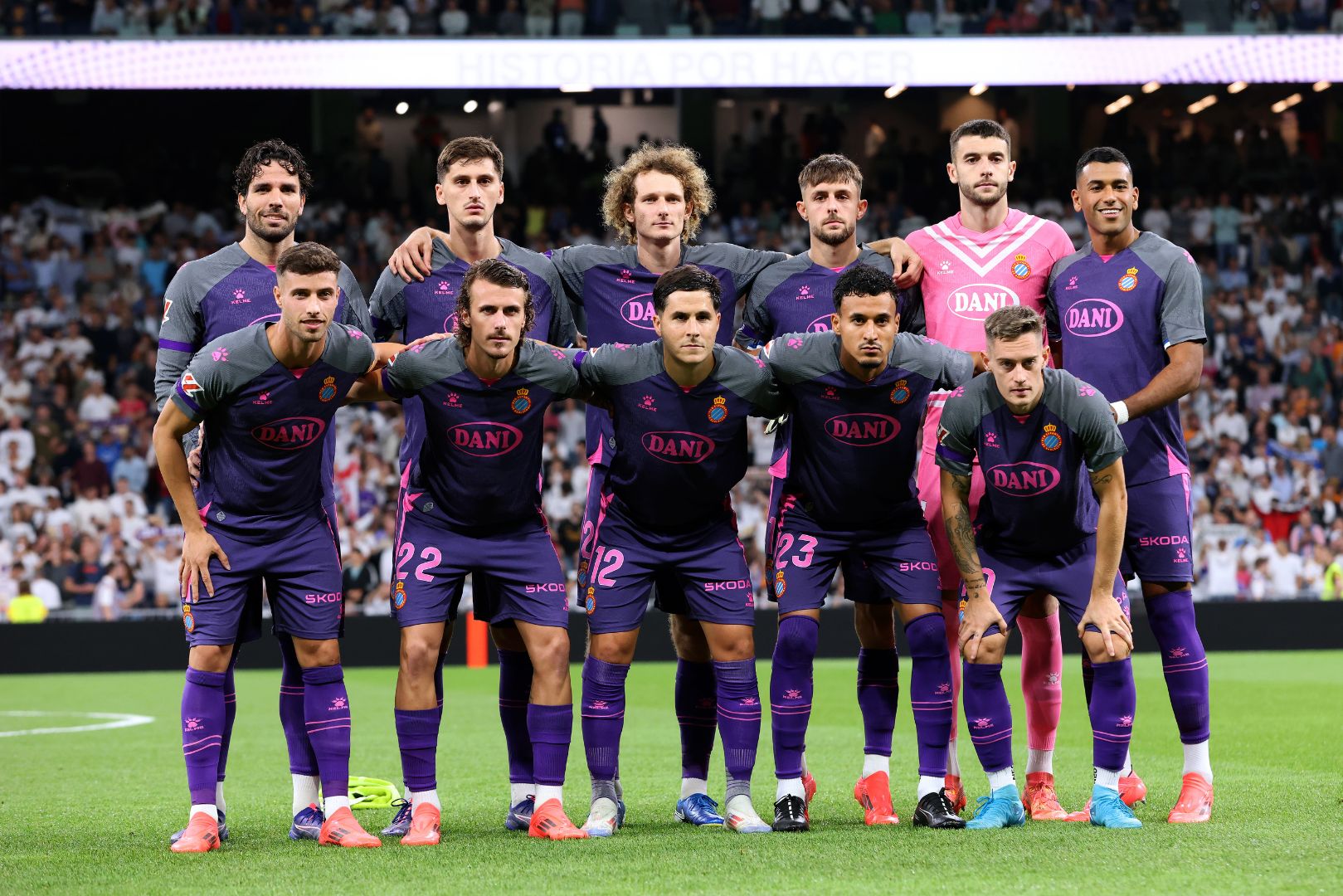 MADRID, SPAIN - SEPTEMBER 21: Leandro Cabrera, Marash Kumbulla, Alex Kral, Jofre Carreras, Joan Garcia, Walid Cheddira, Javi Puado, Carlos Romero, Alvaro Tejero, Omar El Hilali and Pol Lozano of RCD Espanyol pose for a photo on the pitch prior to the LaLiga match between Real Madrid CF and RCD Espanyol de Barcelona at Estadio Santiago Bernabeu on September 21, 2024 in Madrid, Spain. (