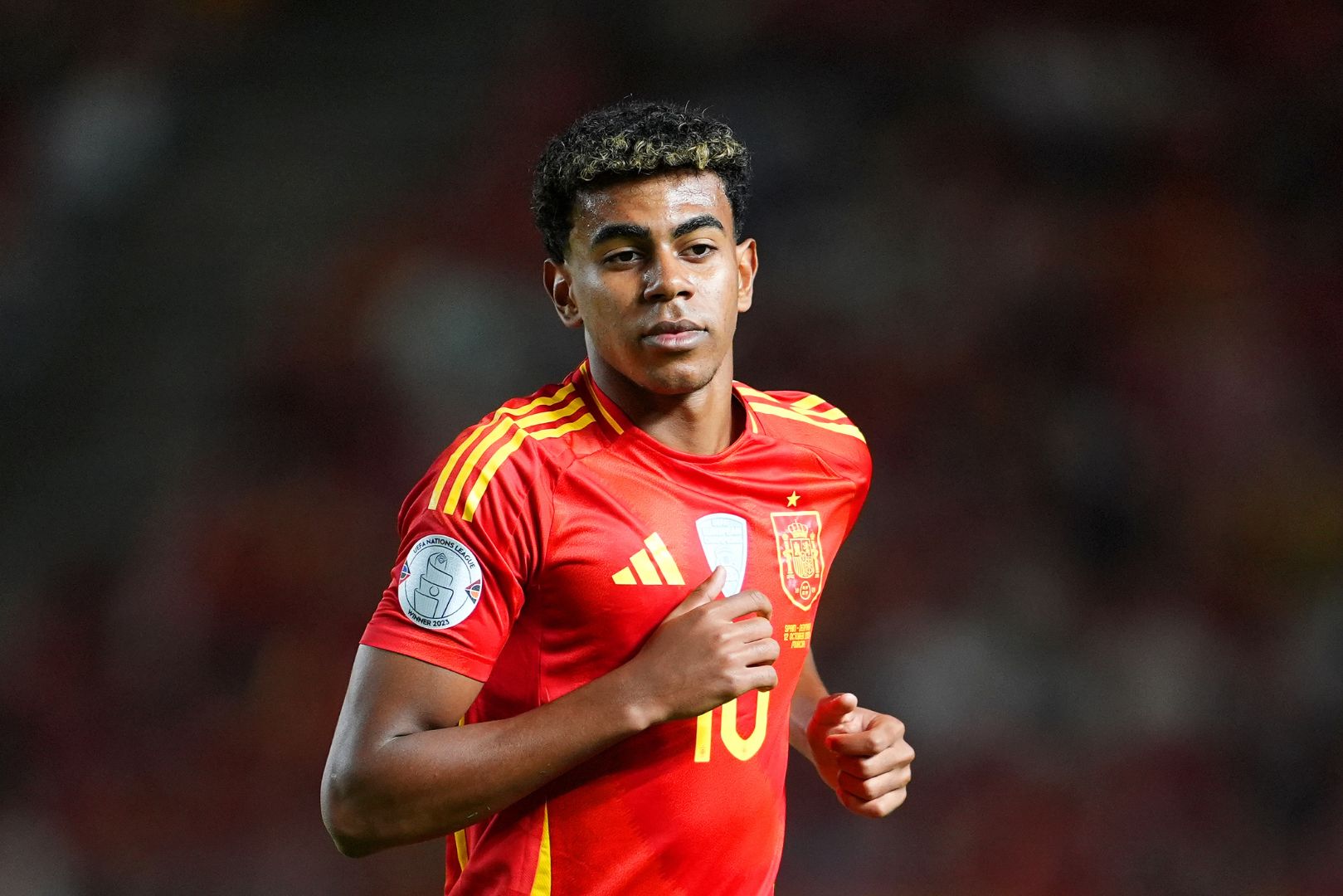 MURCIA, SPAIN - OCTOBER 12: Lamine Yamal of Spain looks on during the UEFA Nations League 2024/25 League A Group A4 match between Spain and Denmark at Nueva Condomina on October 12, 2024 in Murcia, Spain.