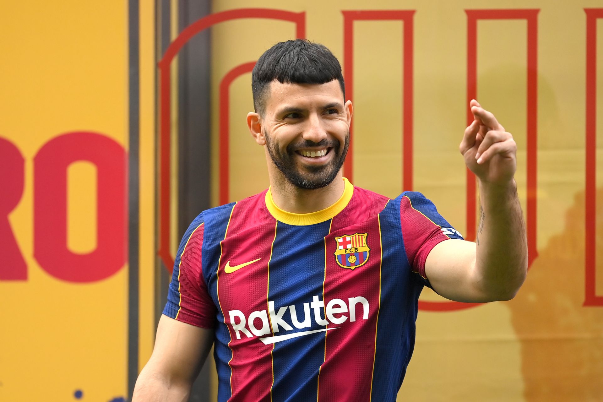 BARCELONA, SPAIN - MAY 31: Sergio Aguero reacts as he is presented as a Barcelona player at the Camp Nou Stadium on May 31, 2021 in Barcelona, Spain.