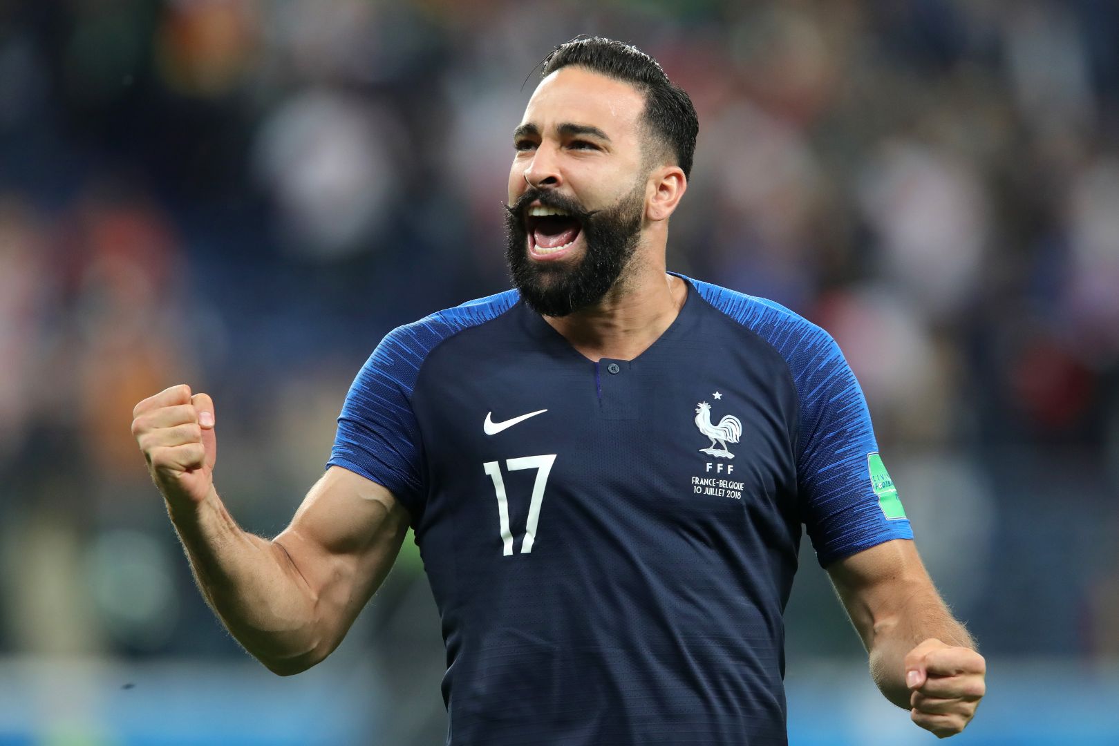 SAINT PETERSBURG, RUSSIA - JULY 10: Adil Rami of France celebrates following his sides victory in the 2018 FIFA World Cup Russia Semi Final match between Belgium and France at Saint Petersburg Stadium on July 10, 2018 in Saint Petersburg, Russia.