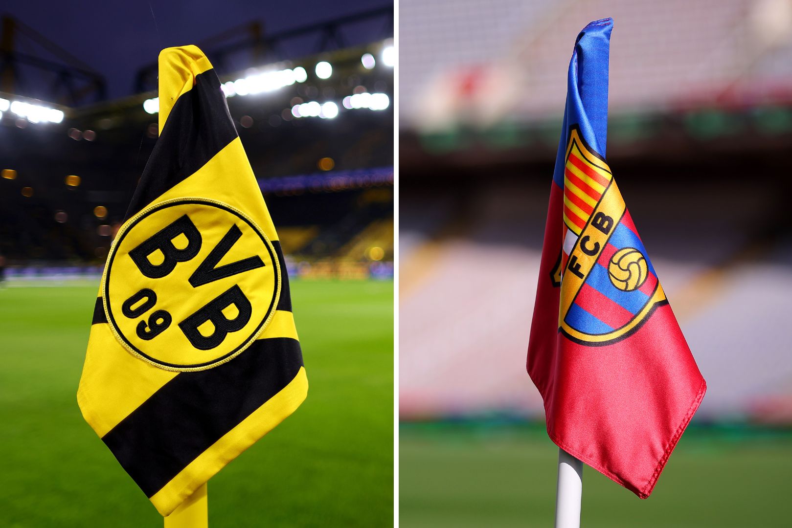 DORTMUND, GERMANY - NOVEMBER 02: General view inside the stadium, where the corner flag can be seen prior to the Bundesliga match between Borussia Dortmund and RB Leipzig at Signal Iduna Park on November 02, 2024 in Dortmund, Germany. | BARCELONA, SPAIN - OCTOBER 28: A detailed view of the corner flag prior to the LaLiga EA Sports match between FC Barcelona and Real Madrid CF at Estadi Olimpic Lluis Companys on October 28, 2023 in Barcelona, Spain.