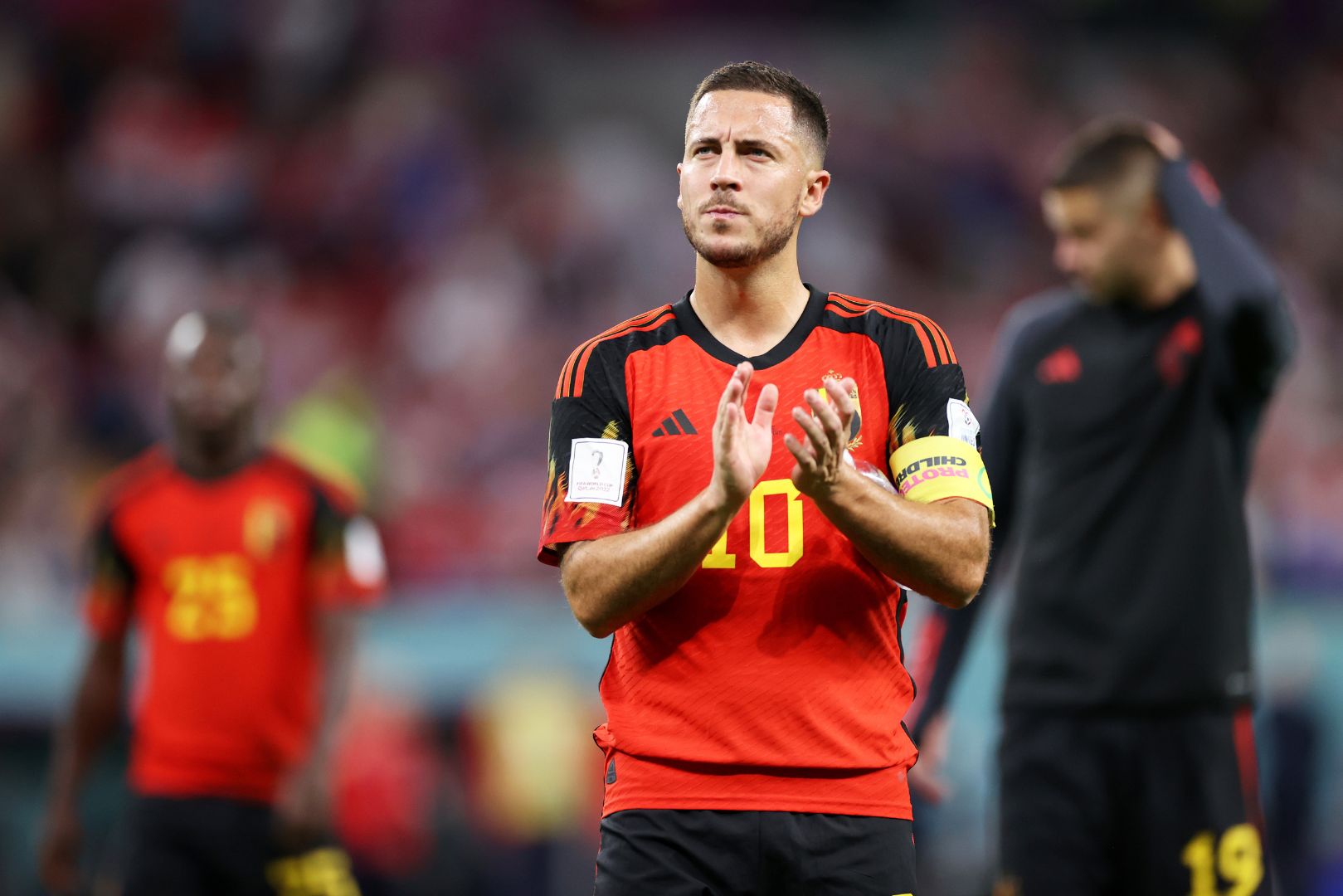 DOHA, QATAR - DECEMBER 01: Eden Hazard of Belgium applauds the fans after their sides' elimination from the tournament during the FIFA World Cup Qatar 2022 Group F match between Croatia and Belgium at Ahmad Bin Ali Stadium on December 01, 2022 in Doha, Qatar.