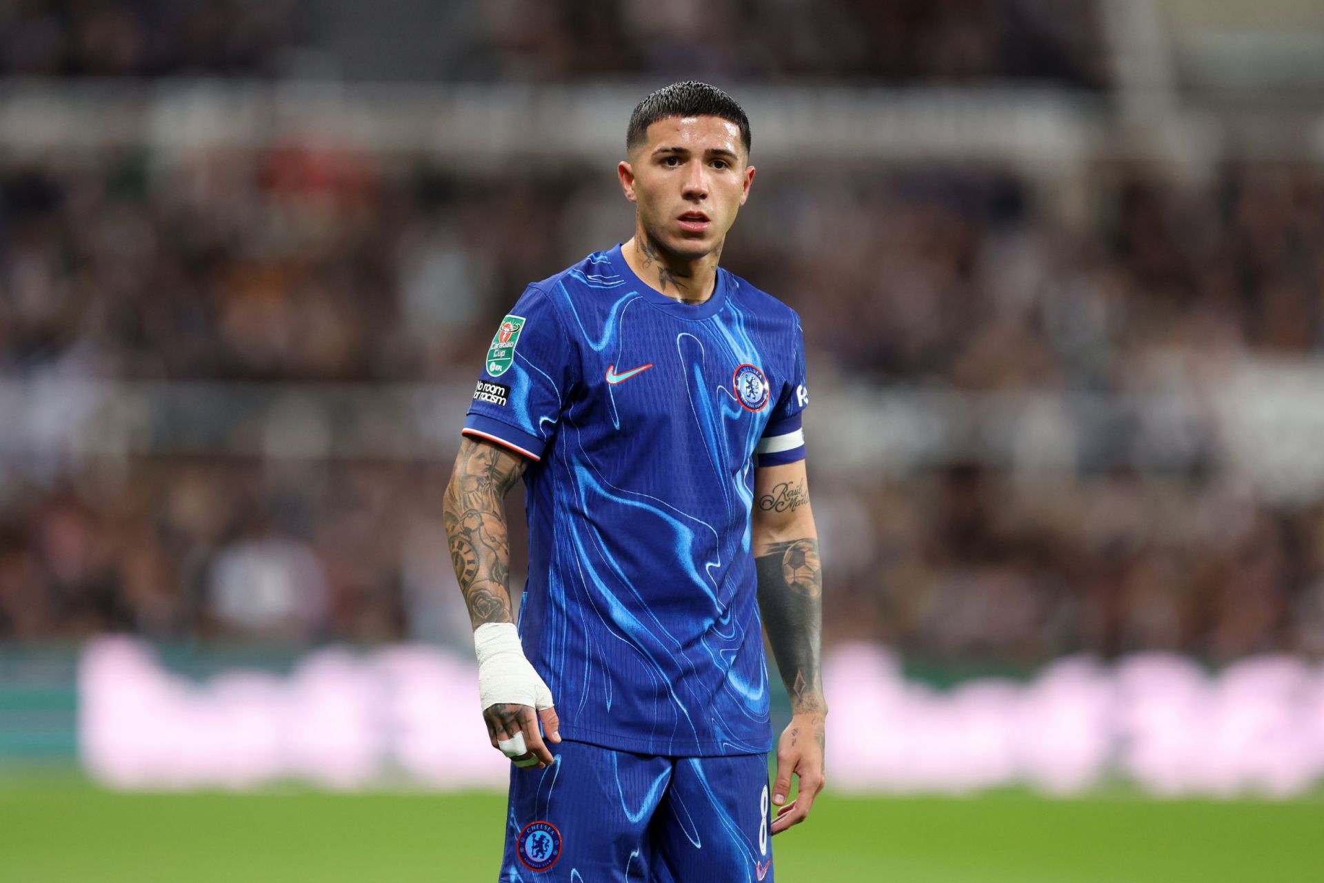 NEWCASTLE UPON TYNE, ENGLAND - OCTOBER 30: Enzo Fernandez of Chelsea looks on during the Carabao Cup Fourth Round match between Newcastle United and Chelsea at St James' Park on October 30, 2024 in Newcastle upon Tyne, England.