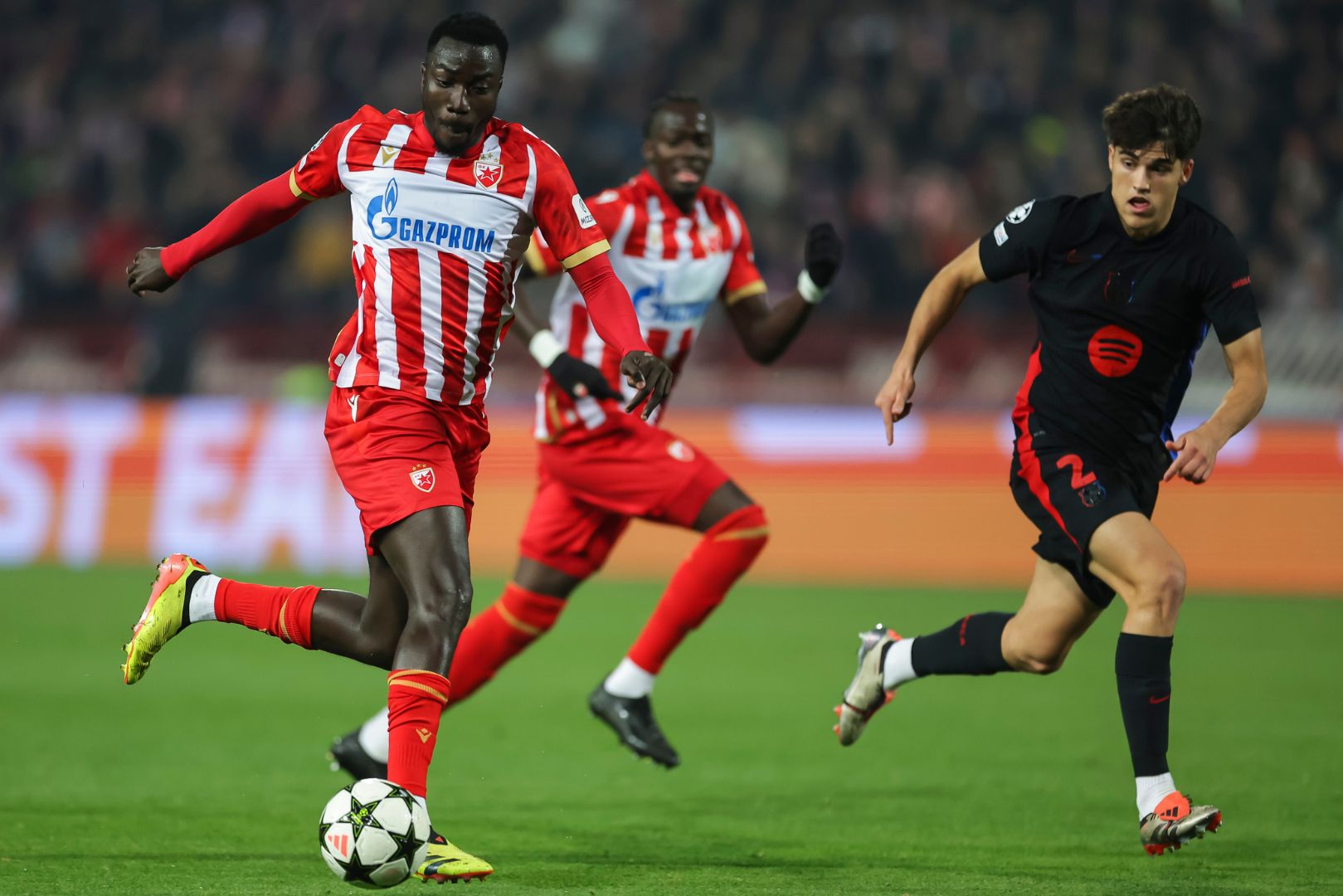 BELGRADE, SERBIA - NOVEMBER 6: Silas (L) of Crvena Zvezda in action against Pau Cubarsi (R) of Barcelona during the UEFA Champions League 2024/25 League Phase MD4 match between FK Crvena Zvezda and FC Barcelona at Stadium Rajko Mitic on November 6, 2024 in Belgrade, Serbia.