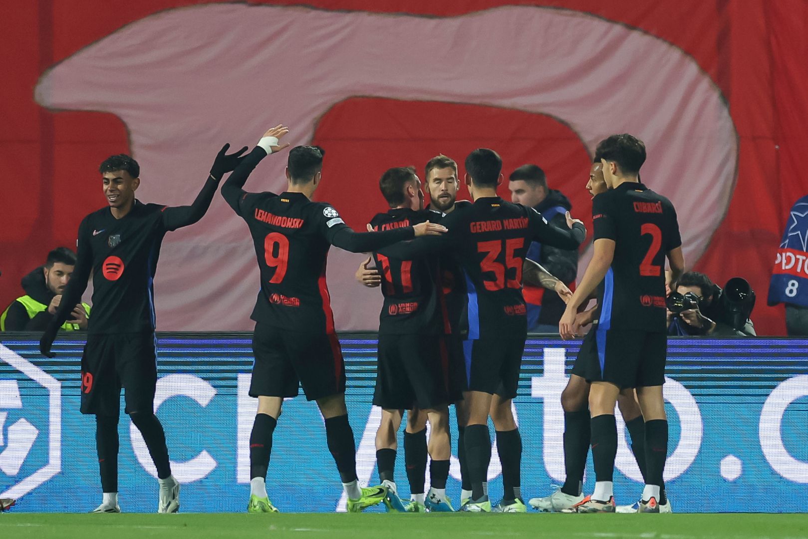 BELGRADE, SERBIA - NOVEMBER 6: Inigo Martinez (C) of Barcelona celebrates after scoring a goal with teammates during the UEFA Champions League 2024/25 League Phase MD4 match between FK Crvena Zvezda and FC Barcelona at Stadium Rajko Mitic on November 6, 2024 in Belgrade, Serbia.