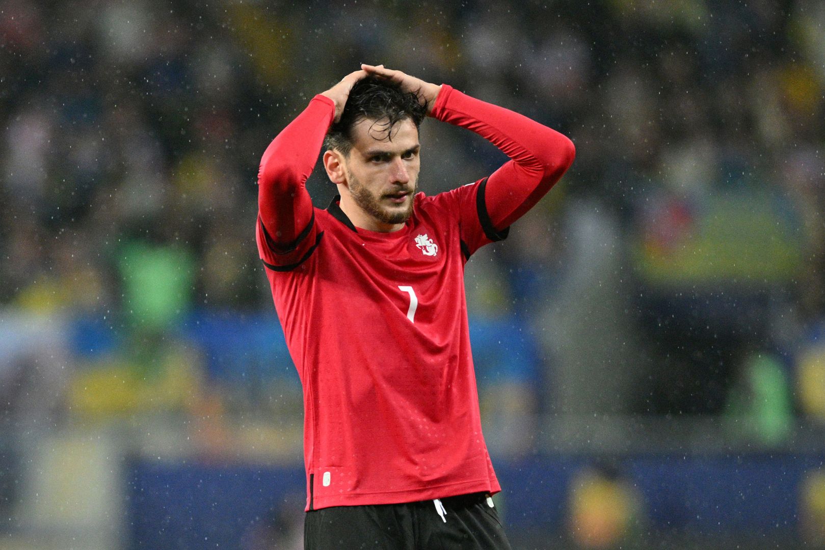 BATUMI, GEORGIA - NOVEMBER 16: Khvicha Kvaratskhelia of Georgia reacts during the UEFA Nations League 2024/25 League B Group B1 match between Georgia and Ukraine at the AdjaraBet Arena on November 16, 2024 in Batumi, Georgia.