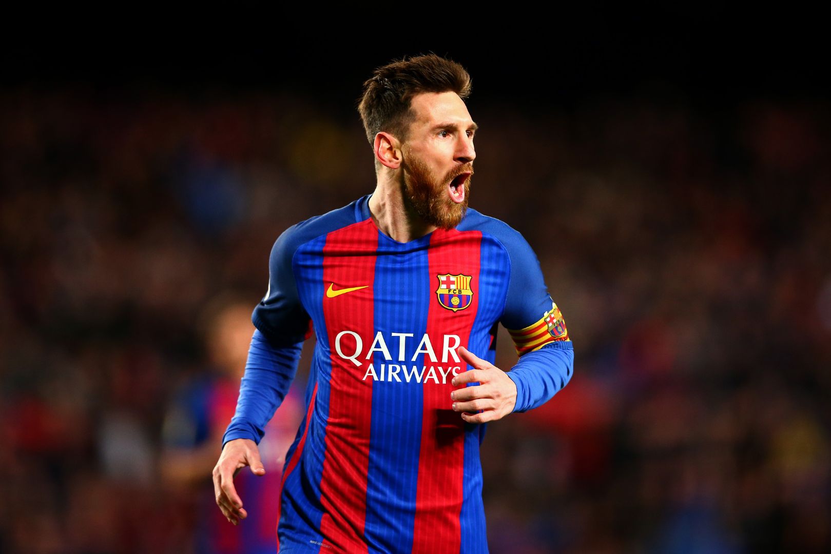BARCELONA, SPAIN - MARCH 04: Lionel Messi of Barcelona celebrates after scoring the opening goal during the La Liga match between FC Barcelona and RC Celta de Vigo at the Camp Nou on March 4, 2017 in Barcelona, Spain.
