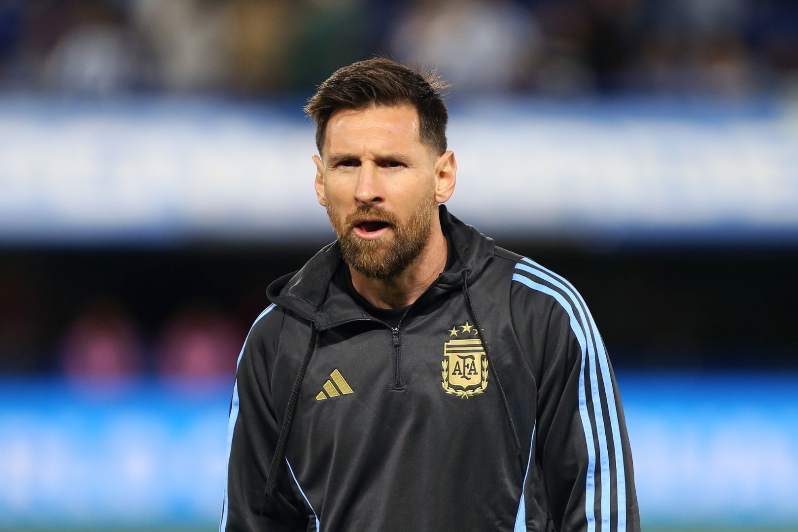BUENOS AIRES, ARGENTINA - NOVEMBER 19: Lionel Messi of Argentina warms up prior to the South American FIFA World Cup 2026 Qualifier match between Argentina and Peru at Estadio Alberto J. Armando on November 19, 2024 in Buenos Aires, Argentina.