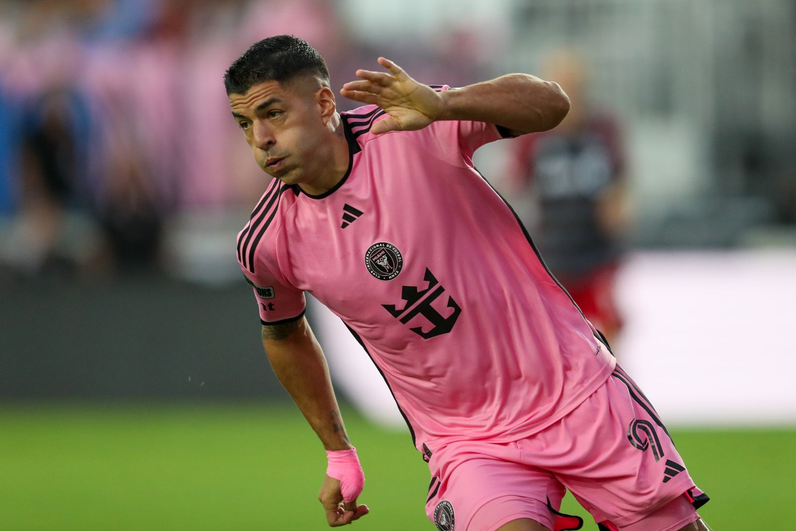 FORT LAUDERDALE, FLORIDA - AUGUST 8: Forward Luis Suarez #9 of Inter Miami reacts at the Inter Miami CF v Toronto FC: Round of 32 - Leagues Cup 2024 game at Chase Stadium on August 8, 2024 in Fort Lauderdale, Florida.