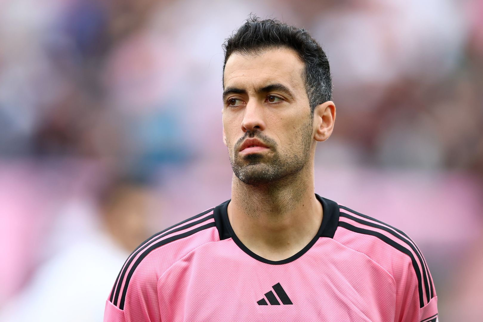 FORT LAUDERDALE, FLORIDA - MARCH 02: Sergio Busquets #5 of Inter Miami CF looks on prior to a game against the Orlando City SC at Chase Stadium on March 02, 2024 in Fort Lauderdale, Florida.