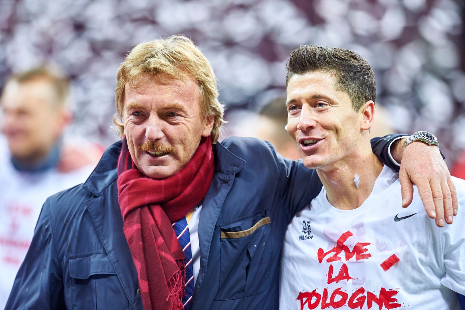 WARSAW, POLAND - OCTOBER 11: (L-R) President of Polish Football Association Zbigniew Boniek and Robert Lewandowski of Poland celebrate after the UEFA EURO 2016 qualifying match between Poland and Republic of Ireland at National Stadium on October 11, 2015 in Warsaw, Poland.