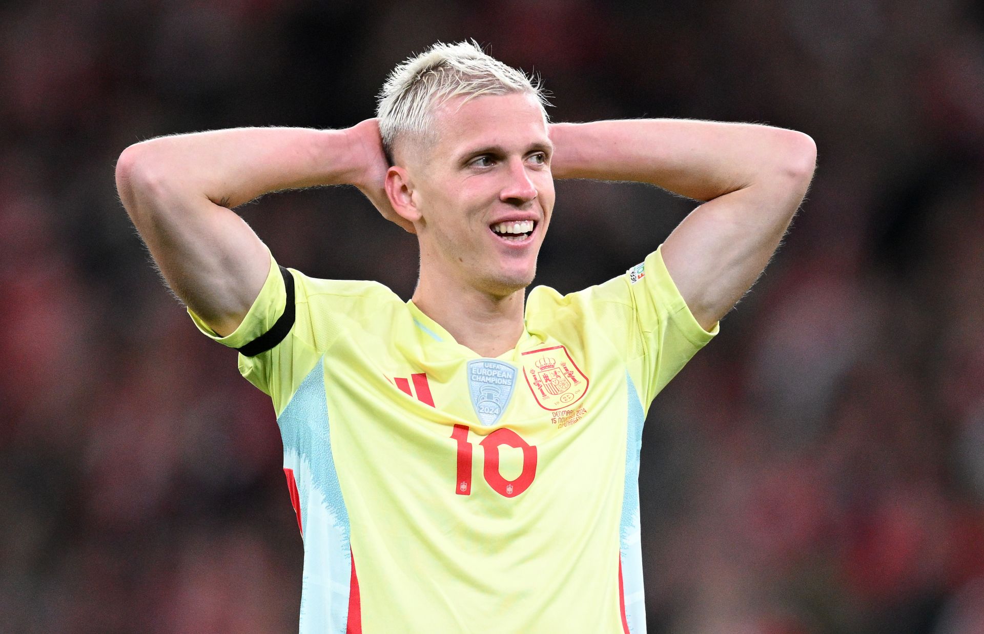 COPENHAGEN, DENMARK - NOVEMBER 15: Dani Olmo of Spain reacts during the UEFA Nations League 2024/25 League A Group A4 match between Denmark and Spain at on November 15, 2024 in Copenhagen, Denmark.